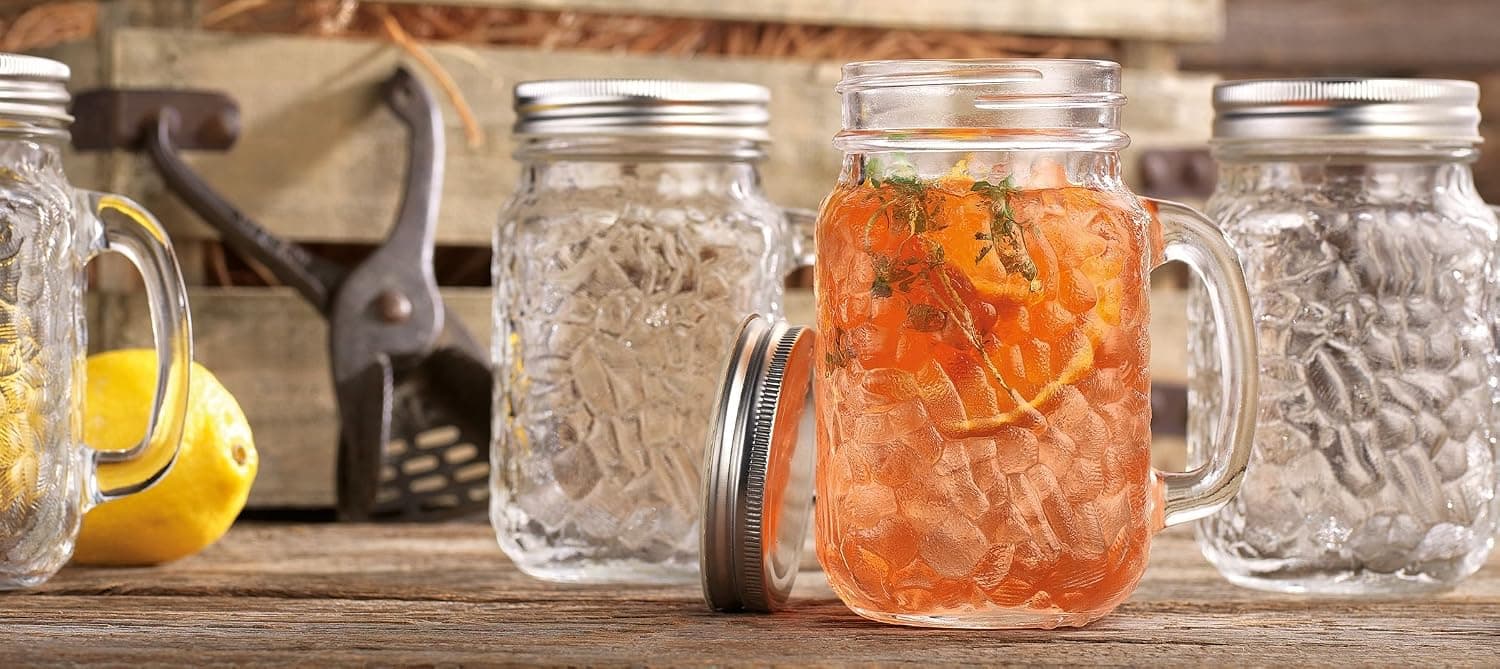 Set of 4 16-oz Hammered Glass Mason Jar Beverage Cups with Handles - 4 Clear Glass Drink Cups with Metal Lids
