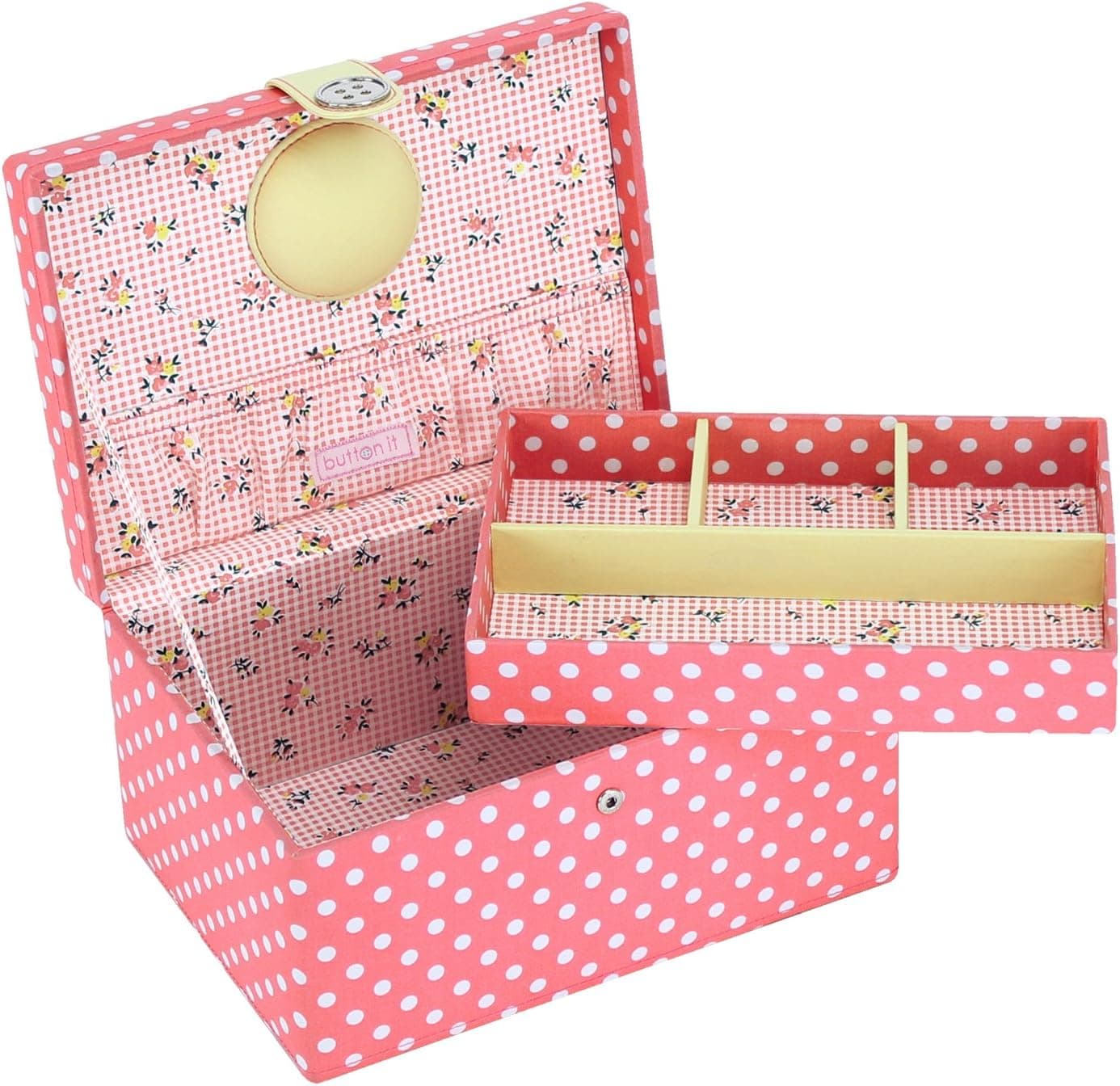 BUTTON IT- NEW FOR 2014 ? Honey Pot Medium Coral Pink Polka Dot Sewing Box with Floral Lining