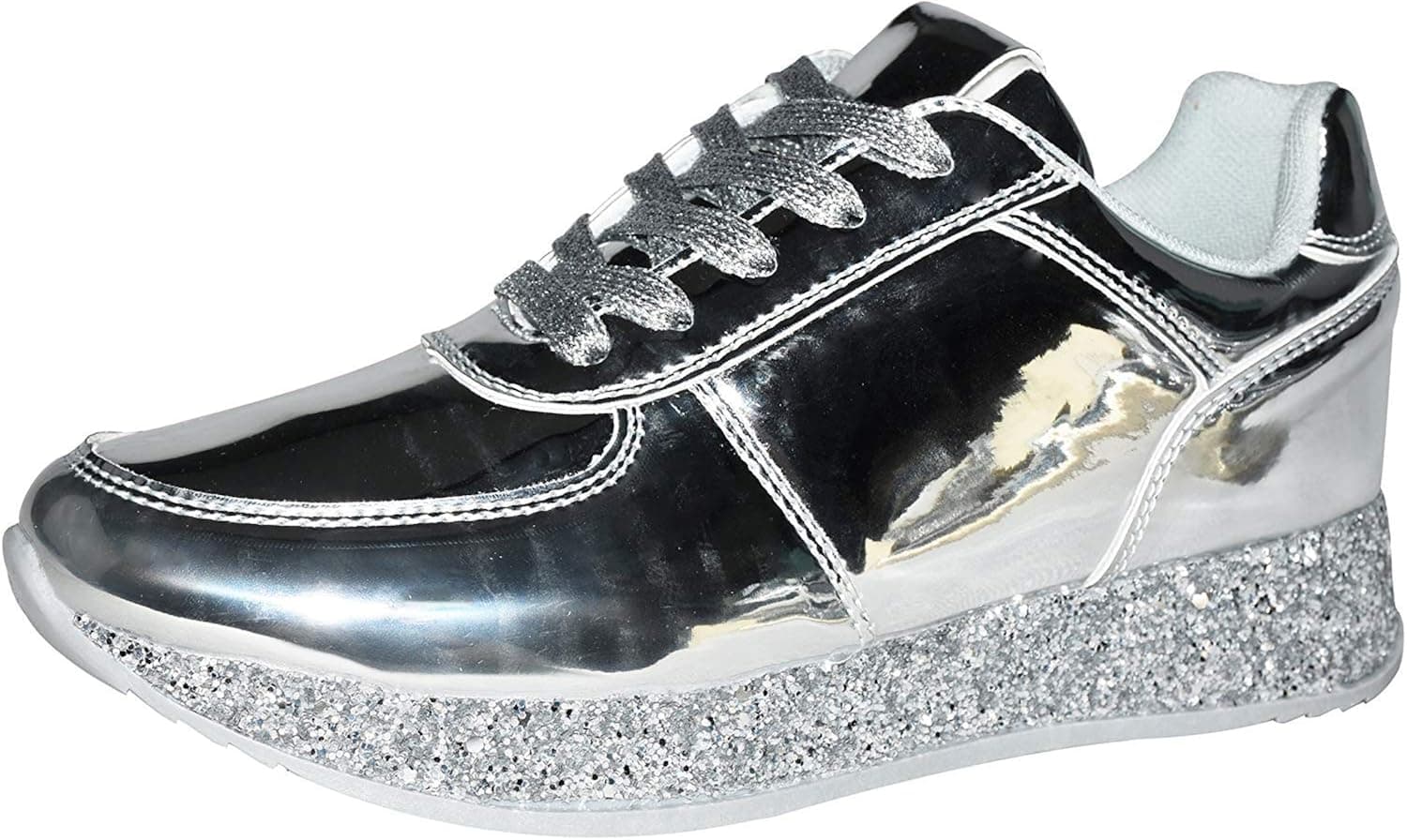 ROXY ROSE Women Fashion Metallic Sneaker Glitter Flatform Quilted Lace Up Casual Shoes (8.5 B(M) US, Silver)