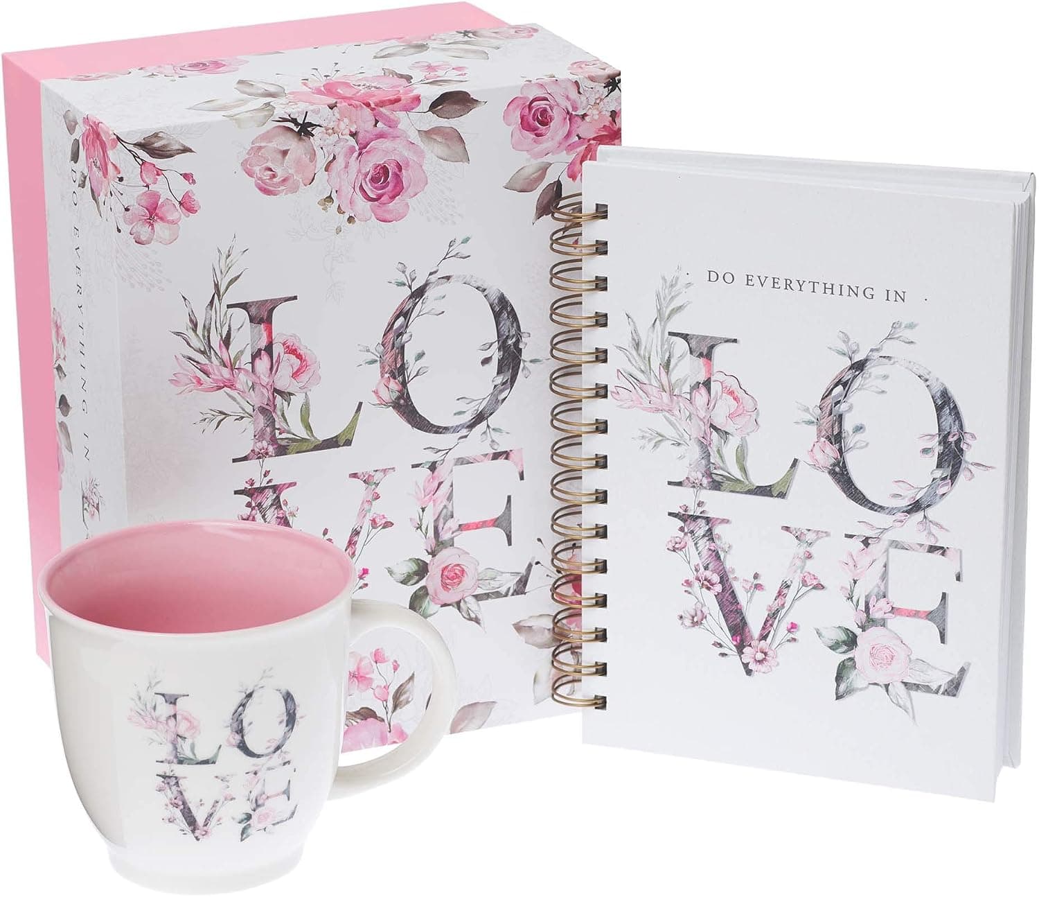 With Love Tea/Coffee Mug and Wirebound Hardcover Journal/Notebook Gift Set Do Everything In Love Pink Floral Inspirational Coffee Cup Box Set For Women, 14oz Ceramic