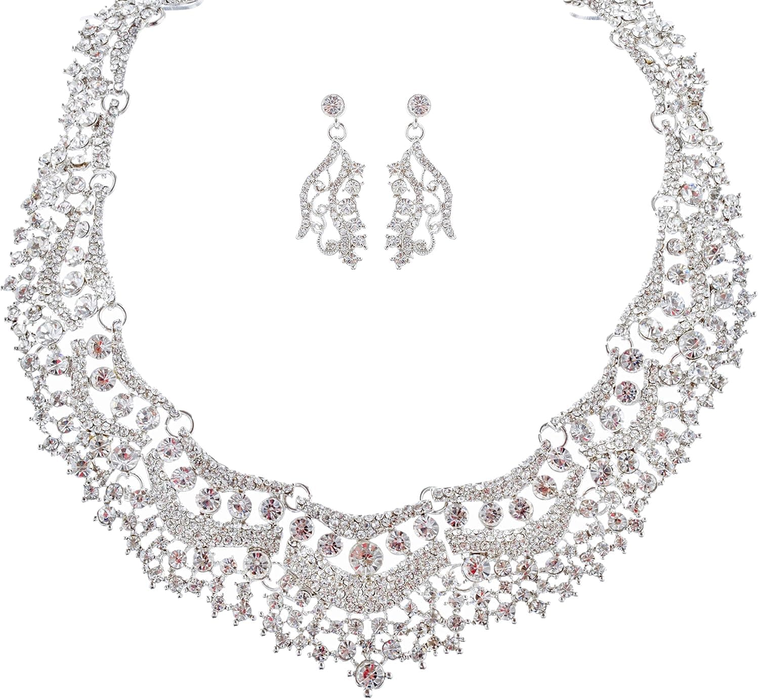 Accessoriesforever Bridal Wedding Prom Jewelry Set Crystal Rhinestones Stunning Bib Necklace Silver