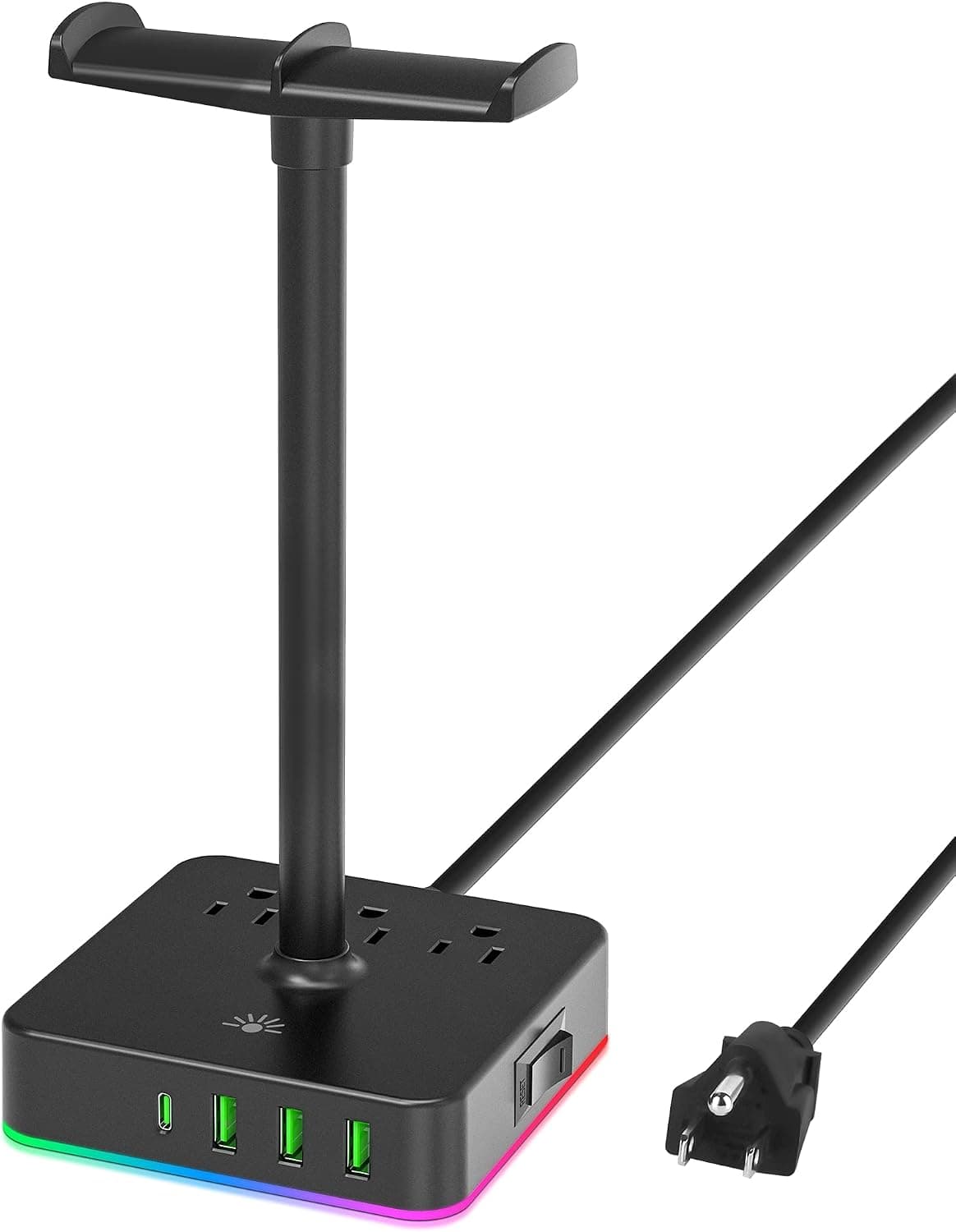 Jifeijidian RGB Dual Headphone Stand Rack Multi-Application Headset Holder Hanger with USB Smart Charger Hub PD Fast Charging Port for Gamer Desktop Table Game Non-Slip Base Portable Earphone Station