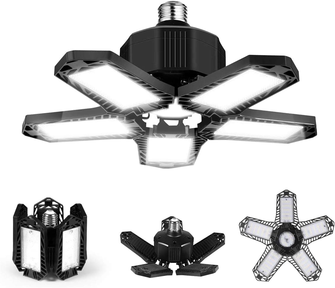 Garage Light 80W LED Garage Light - 16000LM 6500K Deformable LED Garage Ceiling Light, LED Light with 5 Multi-Position Panels,LED Garage Lights for Warehouse Workshop Basement Lights