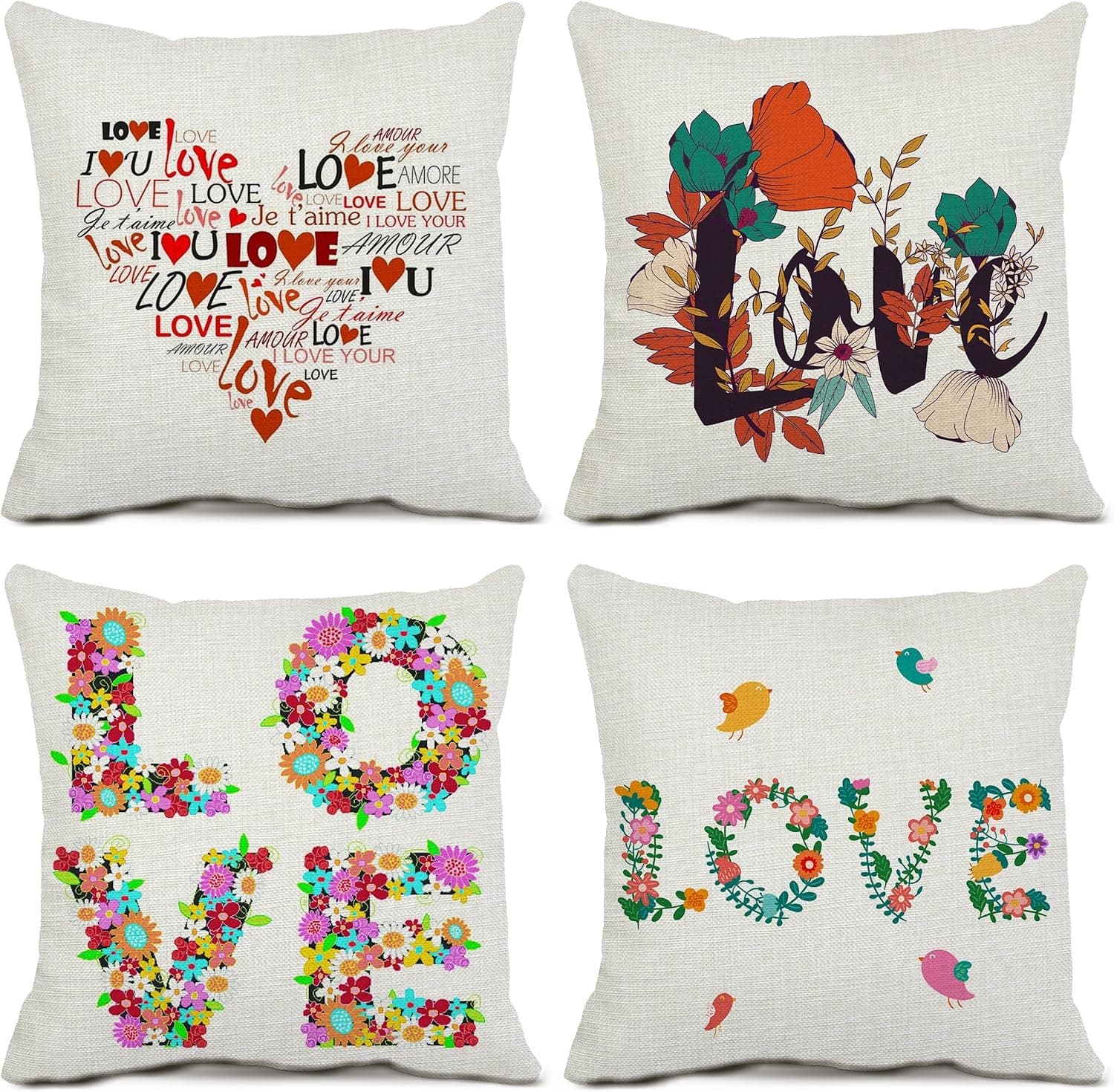 Flower Love Decorative Throw Pillow Covers Cotton Linen Square Cushion Covers Set of 4 Pillow Cases for Couch Sofa Home Decor 18x18 Inches