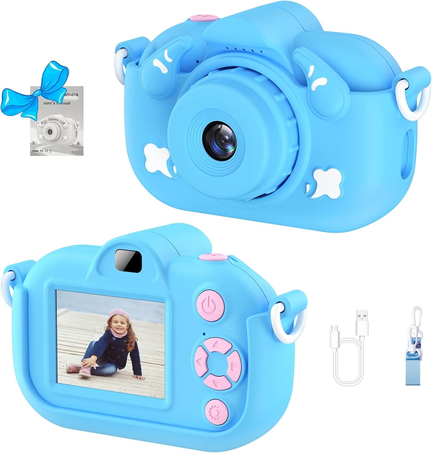 WEDNKOLY Upgrade Selfie Kids Camera, Christmas Birthday Gifts for Boys Girls Age 3-9, HD Kids Digital Video Camera for Toddler Portable Toy for 3 4 5 6 7 8 Years Old Girl - Blue