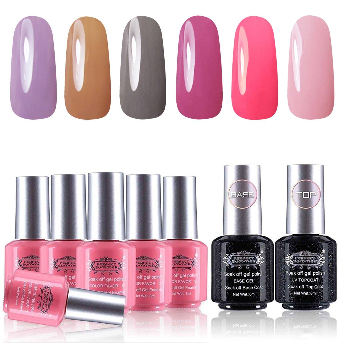 Perfect Summer Gel Nail Polish Set 6 Colors Gel Nail Varnish with Top Coat Base CoatSoak Off UV LED Manicure 8ML, Gray Color, Pink Color 080