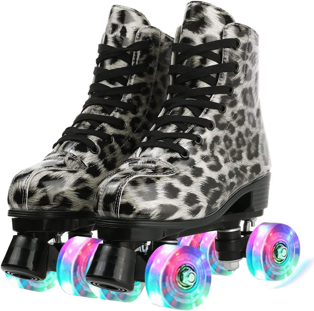 YYW Roller Skates for Women and Men Funky Leopard-Print Outdoor Skates PU Leather Roller Skates