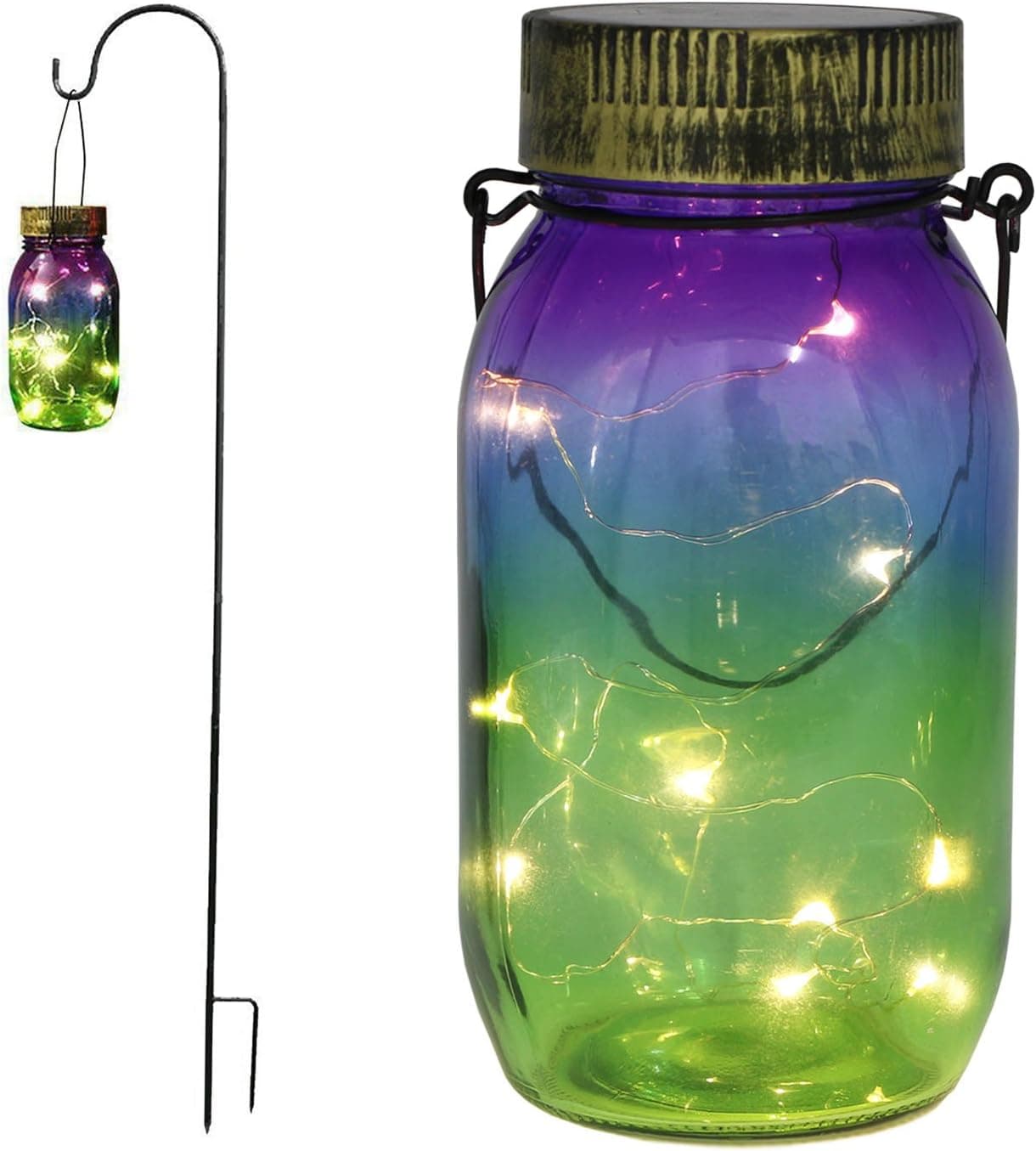 Garden Solar Stake Lights,Outdoor Hanging Solar Lights,Mason Jar Multi-Color Glass Lights,Garden Decor Lights with Shepherd Hook Homeimpro