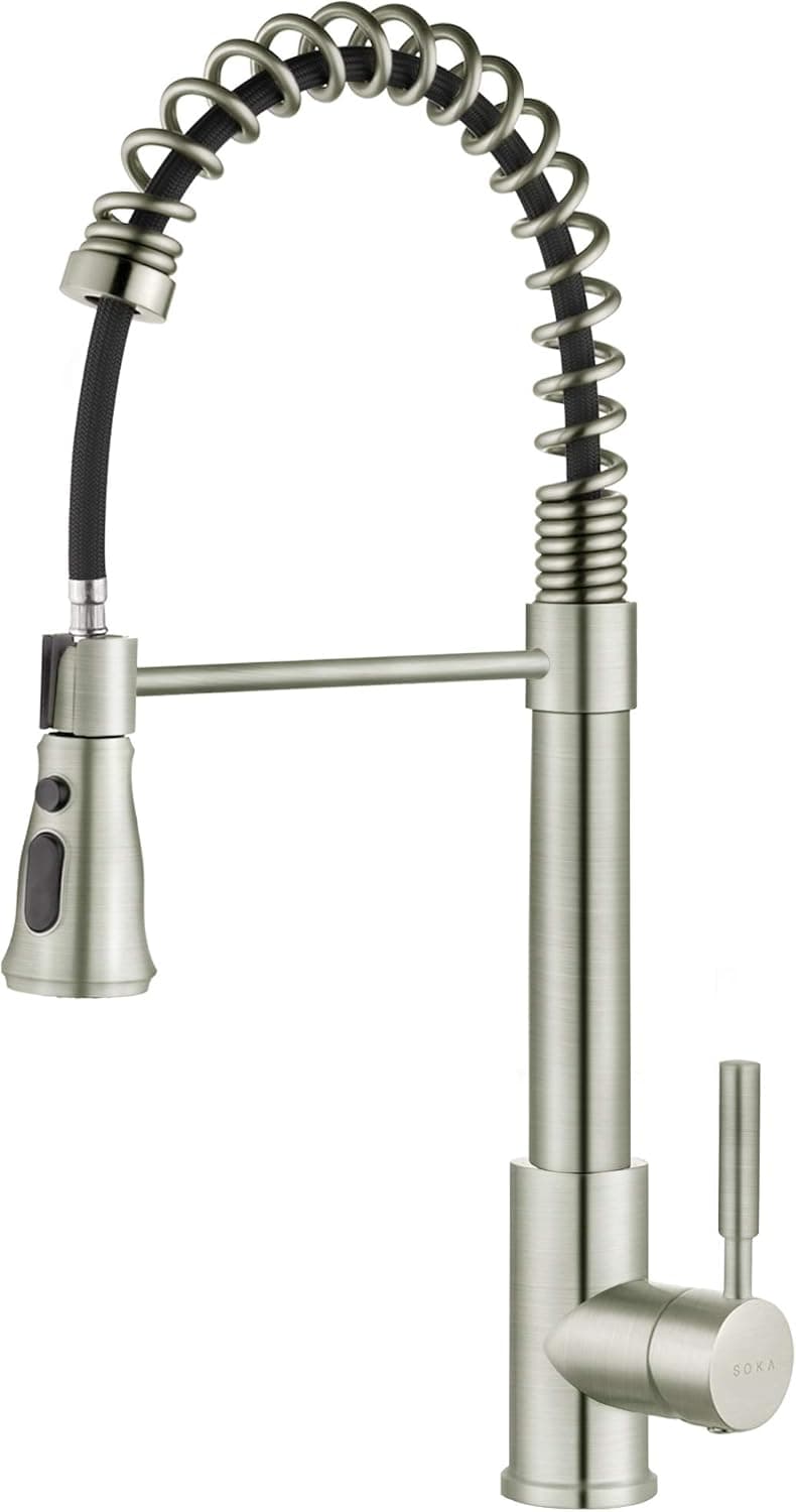 SOKA Single Handle Kitchen Pull Down Faucet with Sparyer Fit For 1 & 3 Hole With Three Working Modes Stream, Spray & Pause Brushed Nickel (SK5001NY)
