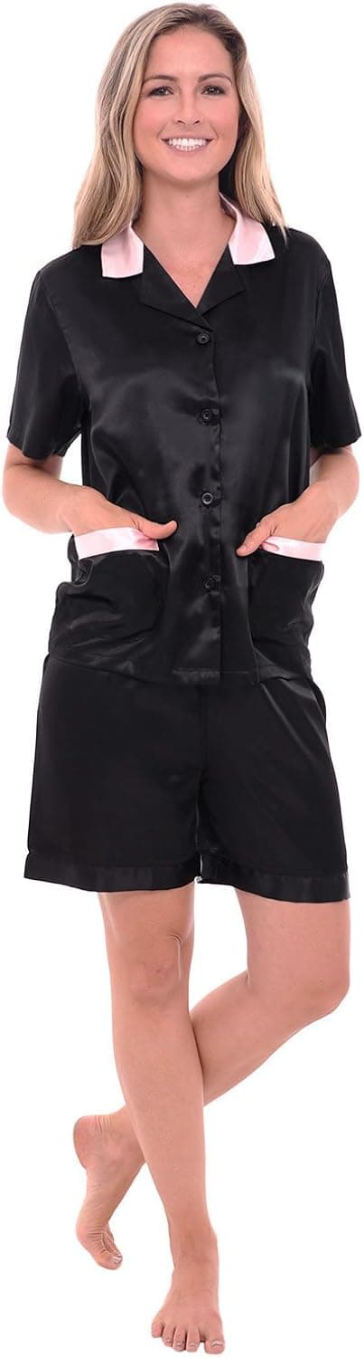Alexander Del Rossa Womens Satin Pajamas, Short Sleeve Pj Set, Small Black (A0762BLKSM)