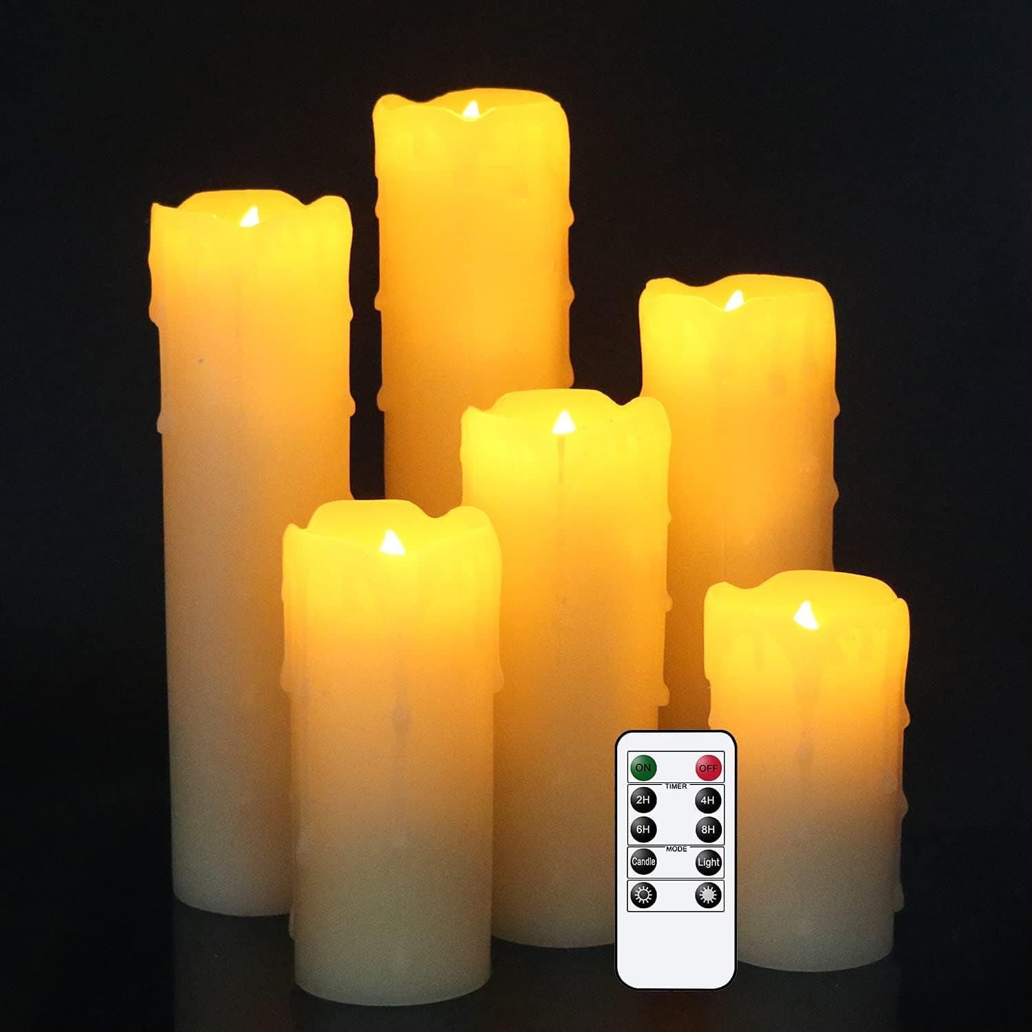 DRomance Flameless Flickering Candles Battery Operated with Remote and Timer, Set of 6 Dripping Wax LED Pillar Candles Halloween Christmas Holiday Indoor Decor(Ivory, 2.2 x 4-9 Inches)