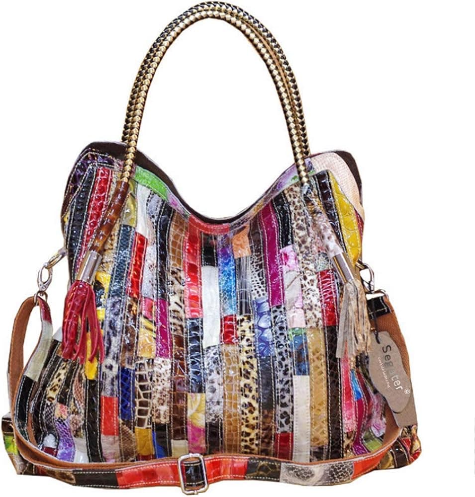 Women’s Multicolor Boston Bag Genuine Leather Colorful Large Tote Handbag Purse