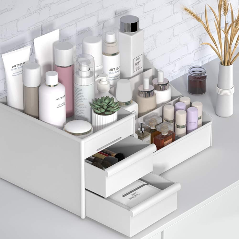 Large Capacity Cosmetic Makeup Drawer Organizer Jewelry Nail Polish Makeup Container Desktop Sundries Storage Box (White)