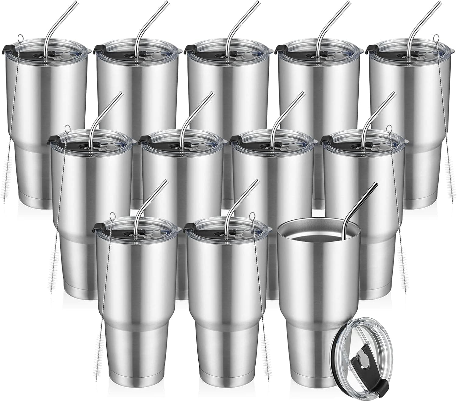 GOBATT 12 pack 30 oz Insulated Travel Coffee Mug With Lids and Straws, Stainless Steel Double Vacuum Coffee Tumbler Cup, for Cold & Hot Drinks, Office, Travel,party cups (Silver 12pack)