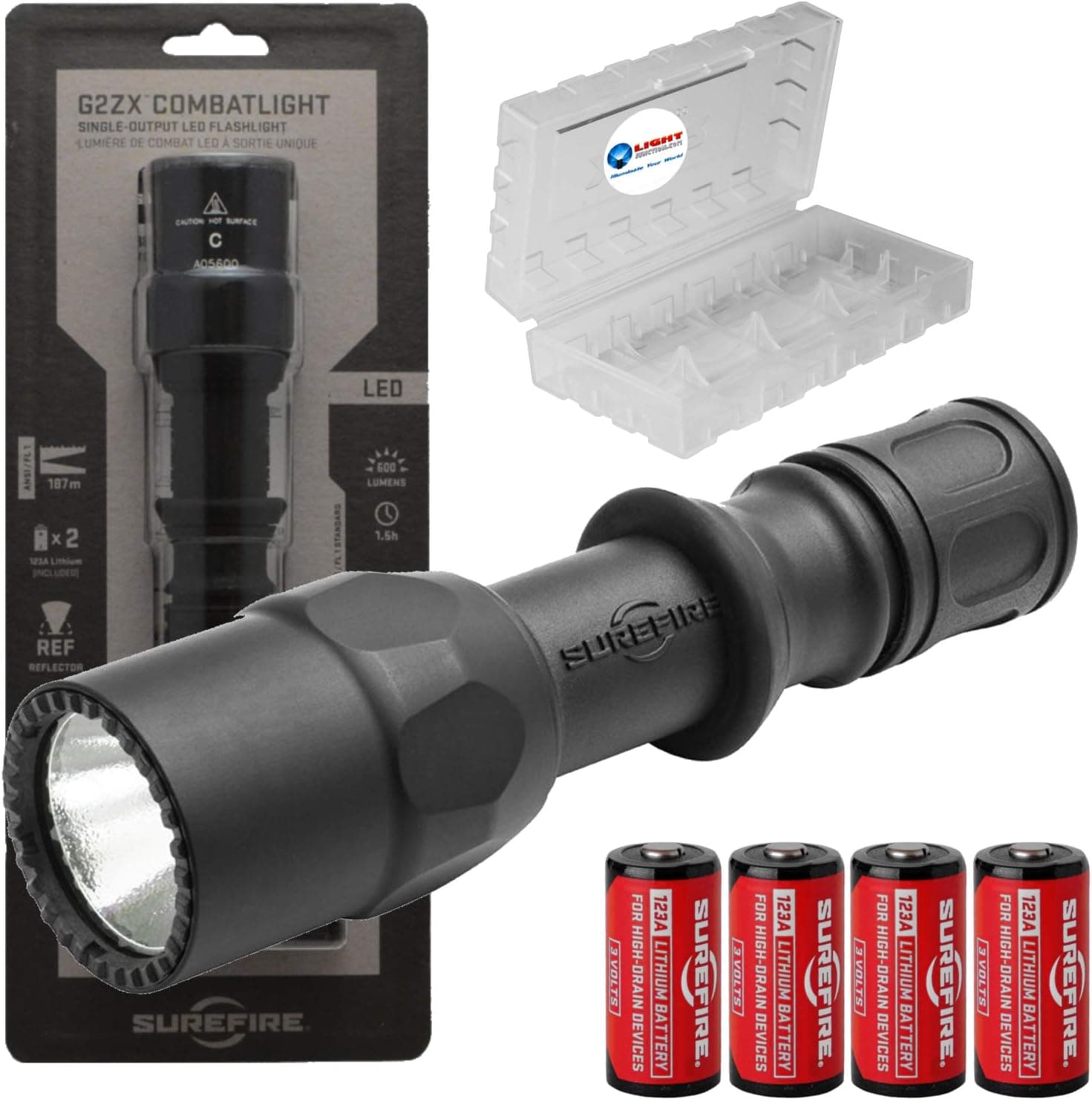 SureFire G2ZX CombatLight 600 Lumen Tactical Flashlight with 4 Extra Surefire CR123A and Lightjunction Battery Case