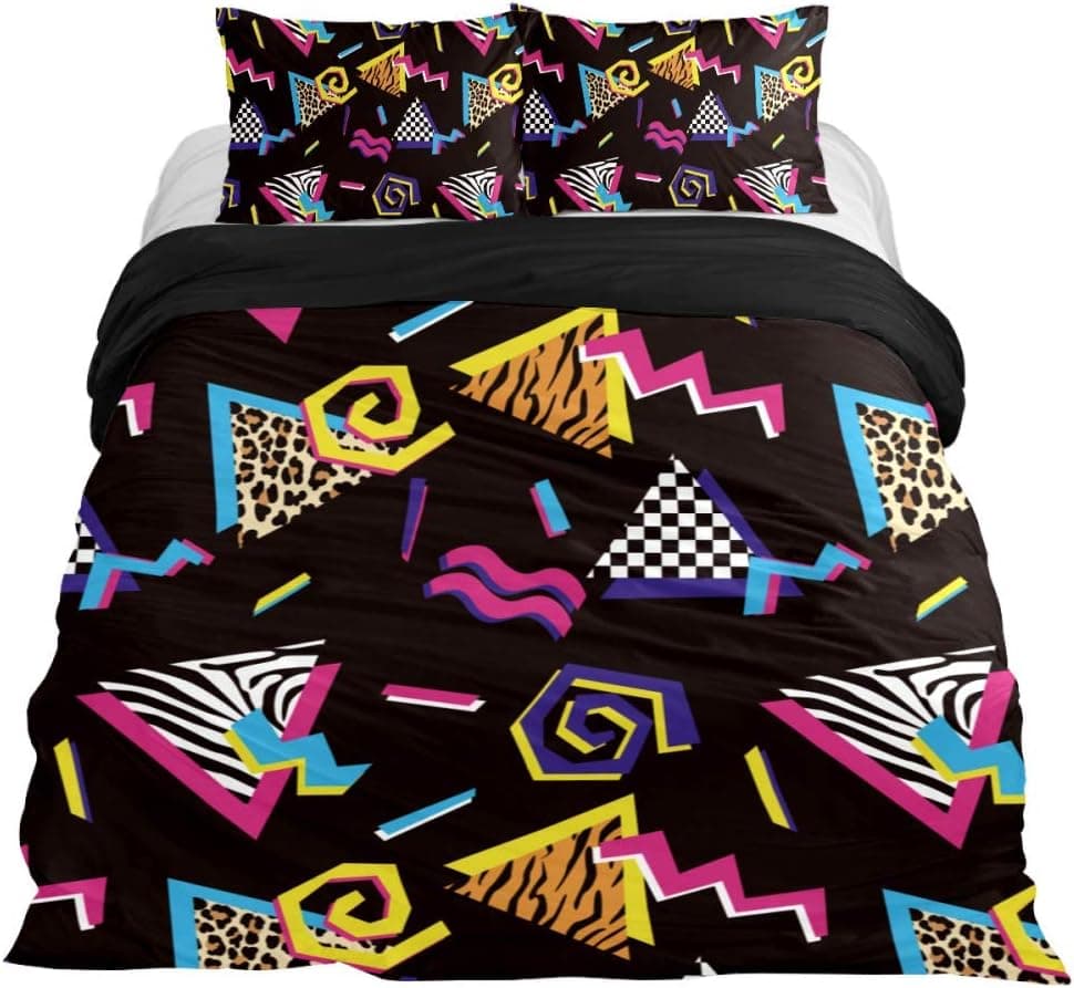 Abstract Shapes and Animal Prints 90'S Style Bedding 3 Piece Duvet Cover Set Queen Size,Comforter Cover with Zipper Closure, 4 Corner Ties