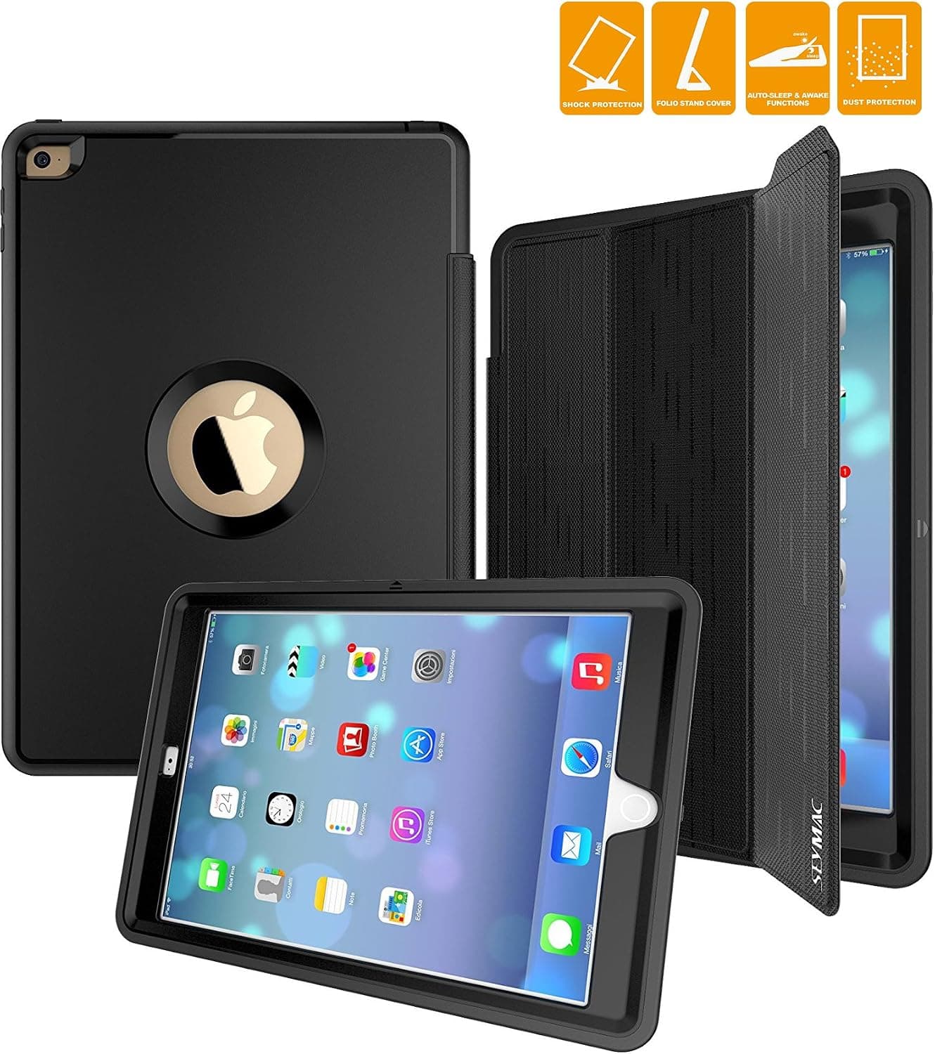 SEYMAC for iPad Air 2 Case, Three Layer Drop Protection Rugged Protective Heavy Dutycase iPad air2 cover with Magnetic Smart Auto Wake/Sleep Cover for Apple iPad Air 2 (Black)