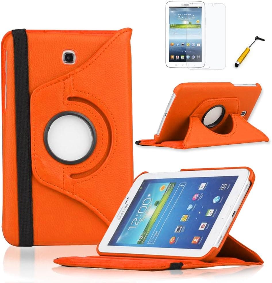 Classy Autos 360 Degree Rotating Case Cover For Samsung Galaxy Tab 3 7 7.0" SM-T211 Bundle (Orange)