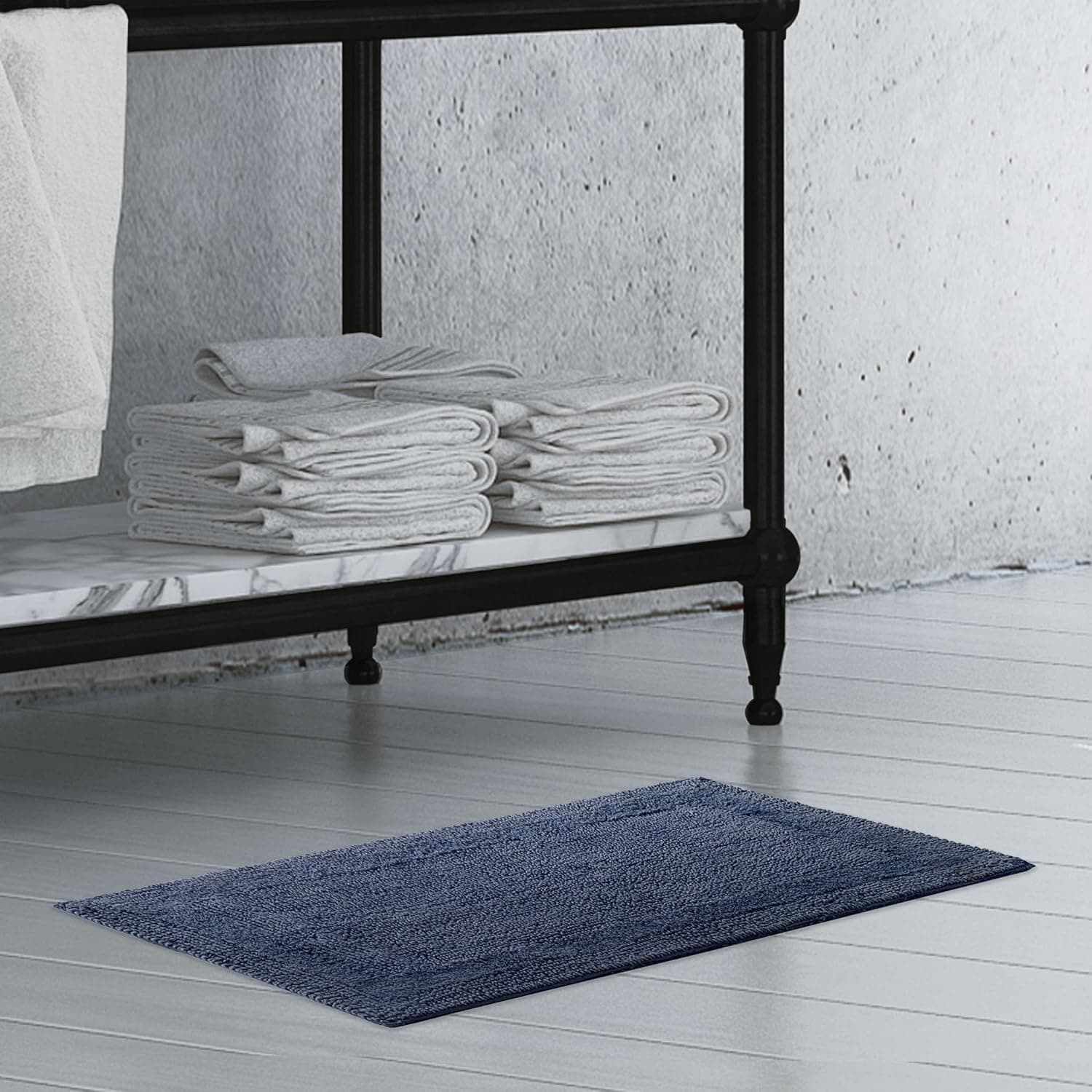 French Connection – Stonewash Bath Rug | Cotton Blend | Premium Bathroom Décor | Machine Washable | Measures 17” x 24” | Navy