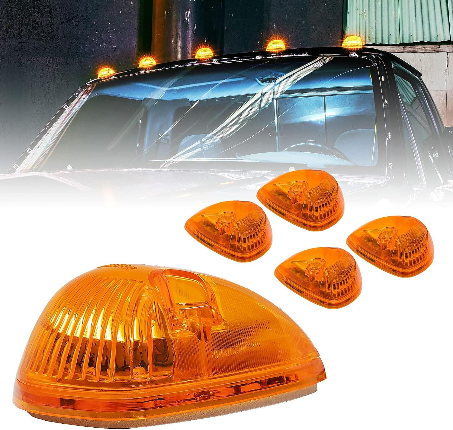 Amber Cab Marker Lights Kit [DOT FMVSS 108] [SAE P2] [Universal Fit] [Reflector Lens] [94-98 Dodge Ram Direct Replacement] Teardrop Cab Lights for Truck Van Ford F250 F350