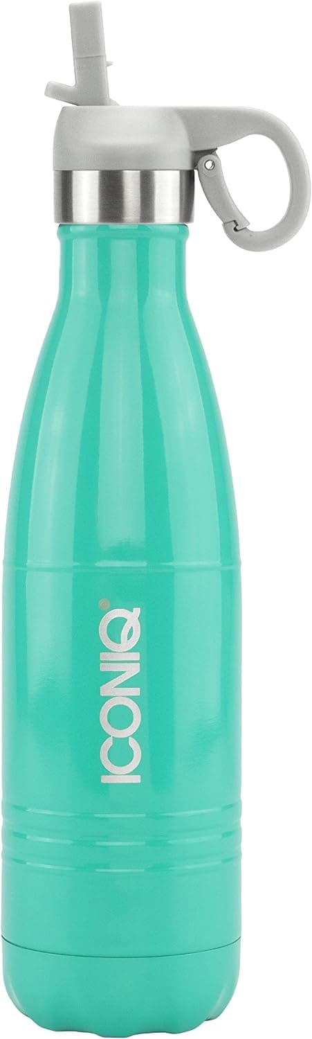 ICONIQ Stainless Steel Vacuum Insulated Water Bottle Includes Bonus Pop Up Straw Cap, 17 Ounce (Lush Green with Gray Cap)