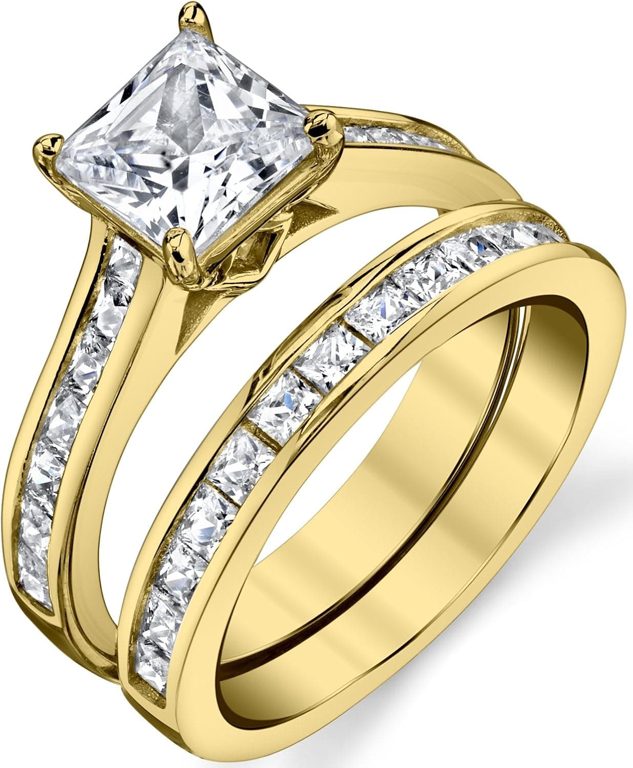 Gold Tone Over Solid Sterling Silver Princess Cut Bridal Set Engagement Wedding Ring Bands With Cubic Zirconia