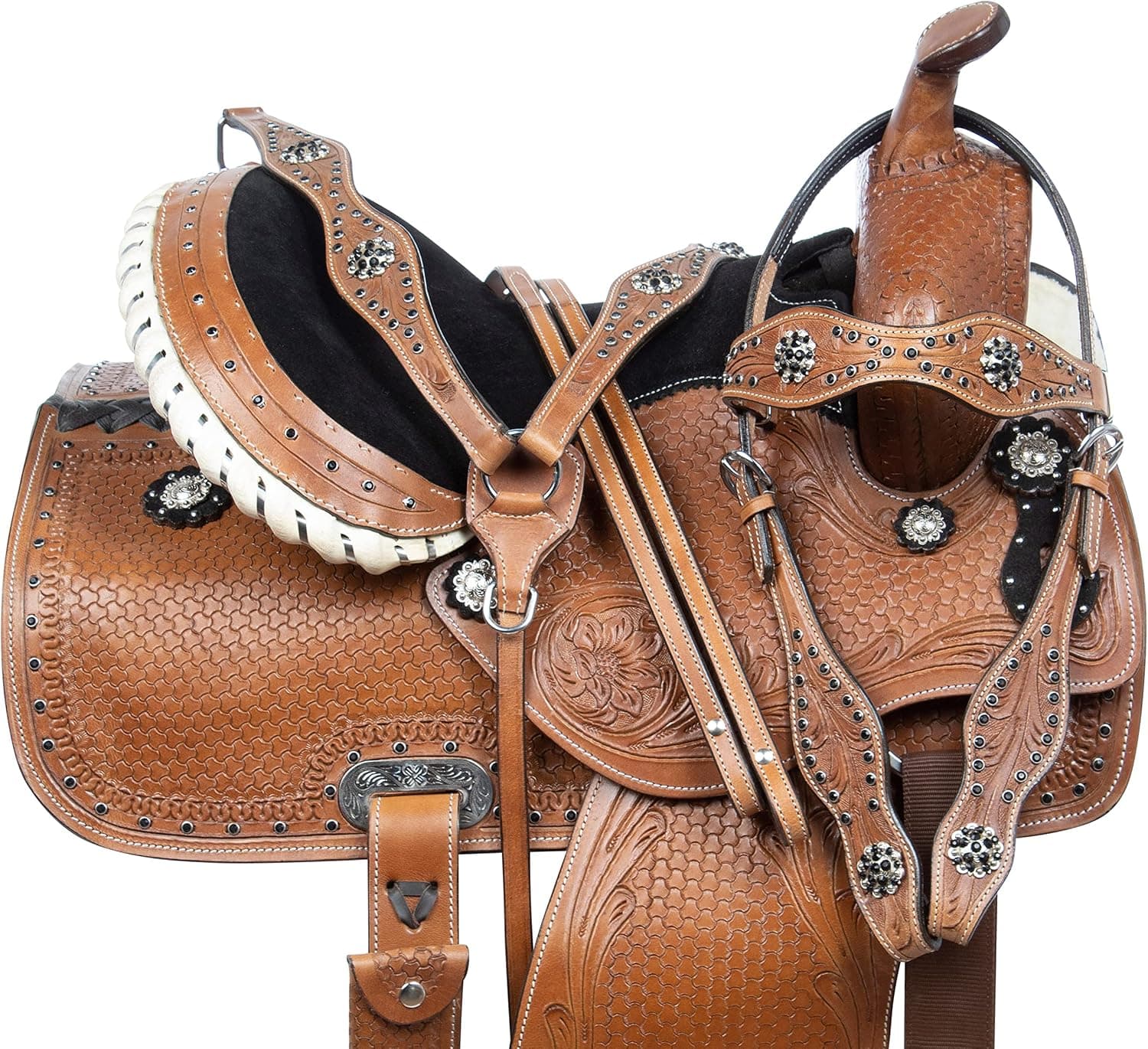 Acerugs Tooled COMFROTABLE Western Pleasure Trail Horse Leather Saddle TACK Bridle Breast Collar 14 15 16 17
