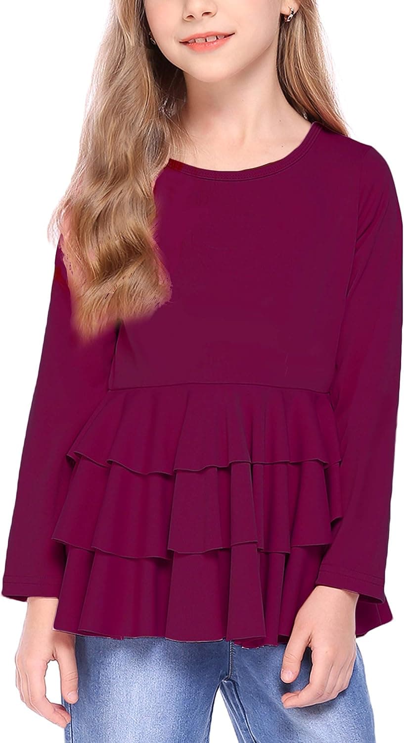 Arshiner Girls Casual Tunic Tops Long Sleeve Layered Ruffle Hem Blouse T-Shirts for 6-15 Years