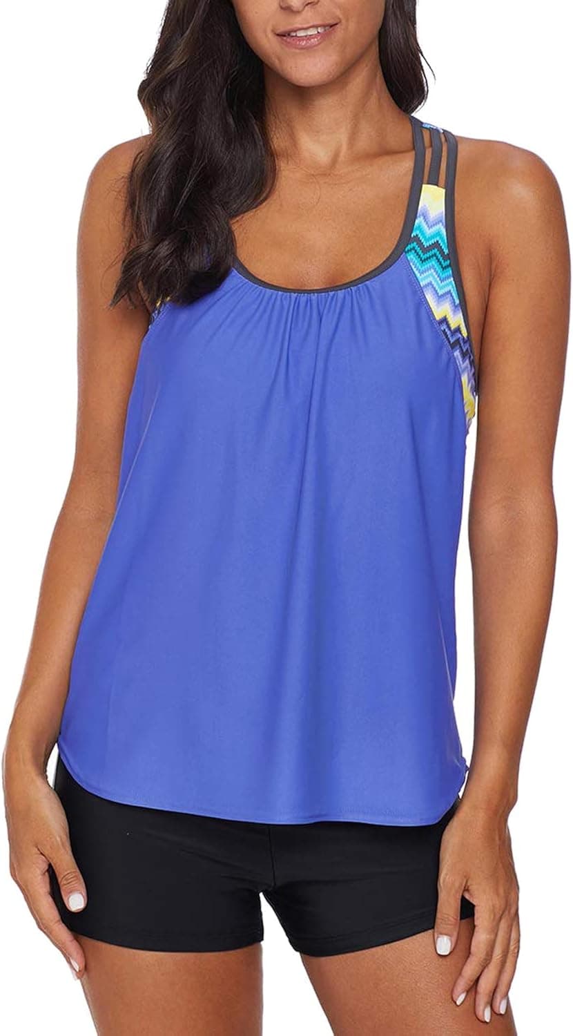 REKITA Women's Swimsuits Color Block Tankini Top Boyshort Swimwear