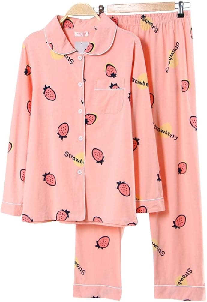 DOXI Women Pajama Set Cute Fruit Strawberry Print Cotton Long Sleeve Sleepwear