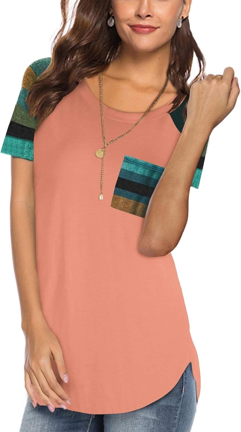 Aokosor Women's Casual Short Sleeve Round Neck Loose Tunic T Shirt Blouse Tops with Pocket