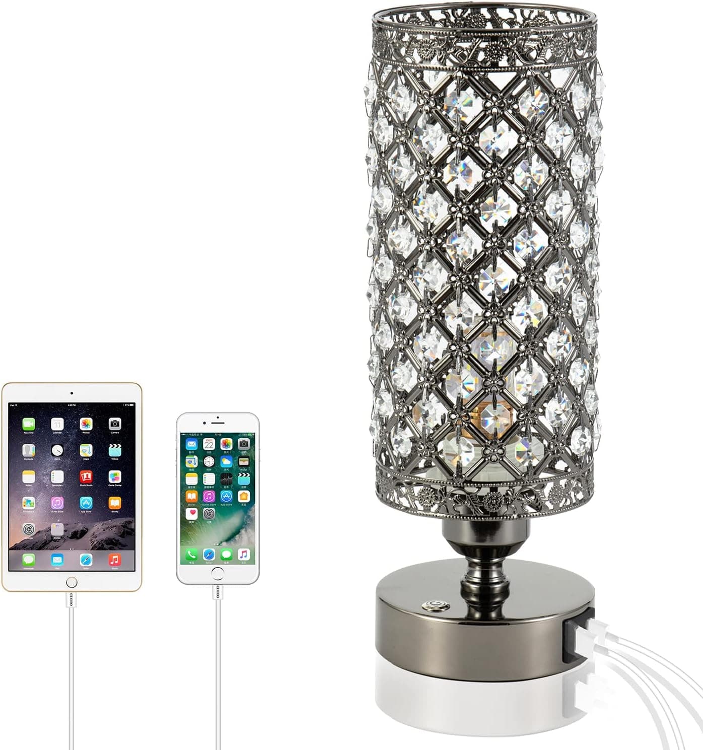 Yarra-Decor Crystal Bedside Black Table Lamp 3 Color Options Lamps for Bedroom Modern USB Nightstand Lamp with Black Chrome Crystal Shade Decorative Lamps for Living Room (LED Bulb Included)