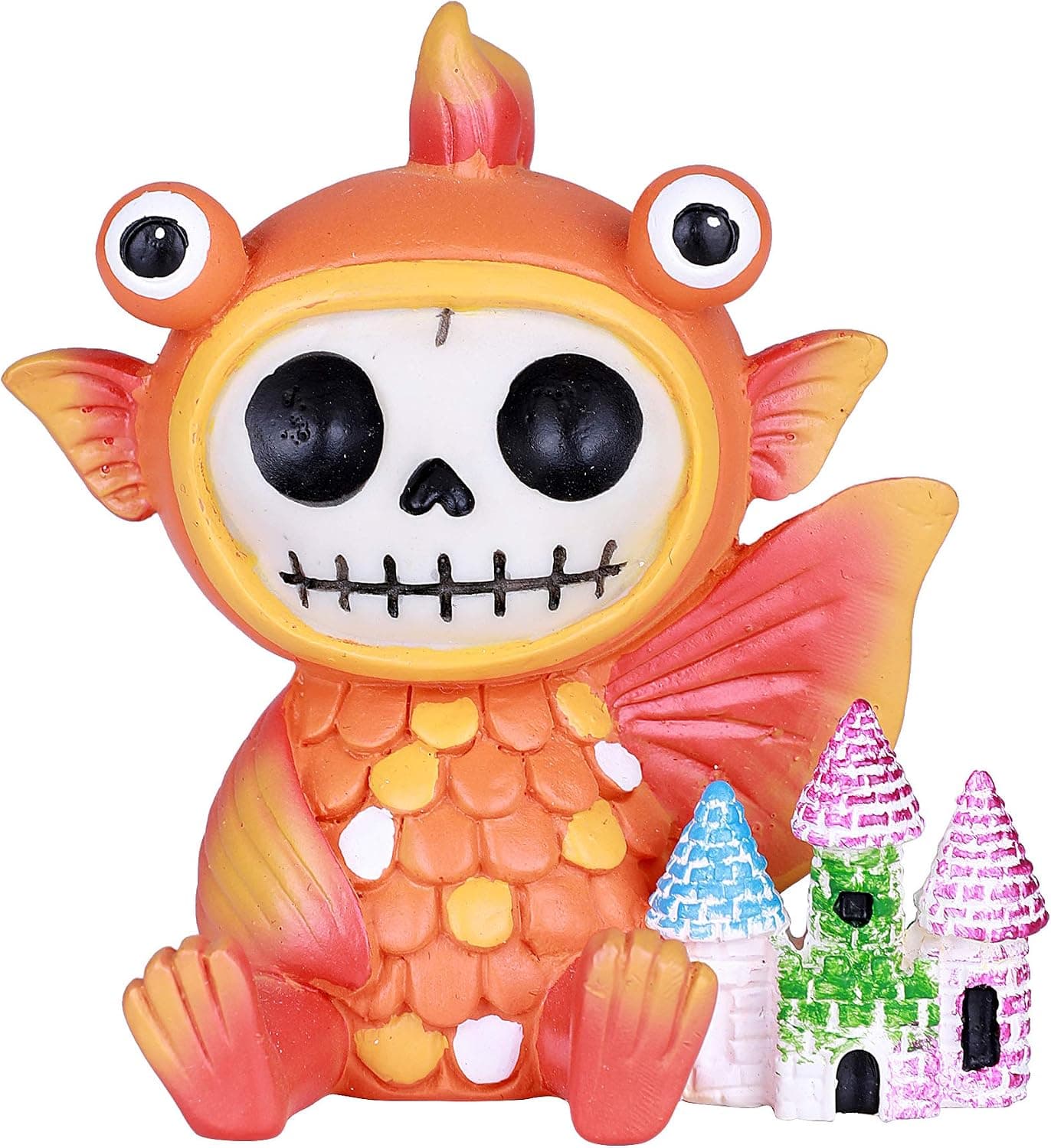 SUMMIT COLLECTION Furrybones Demekin Signature Skeleton in Bulging Eyed Gold Fish Costume with a Miniature Rainbow Castle
