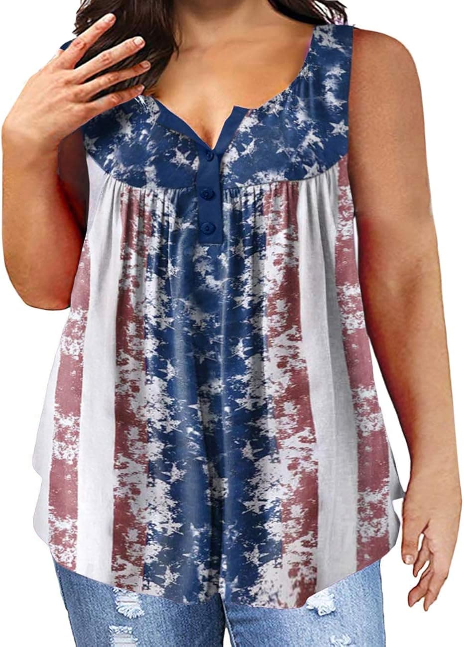 CCBSTS Women American Flag Print Tank Tops 4th of July Plus Size Sleeveless Henley Shirts Button Up Summer Blouse