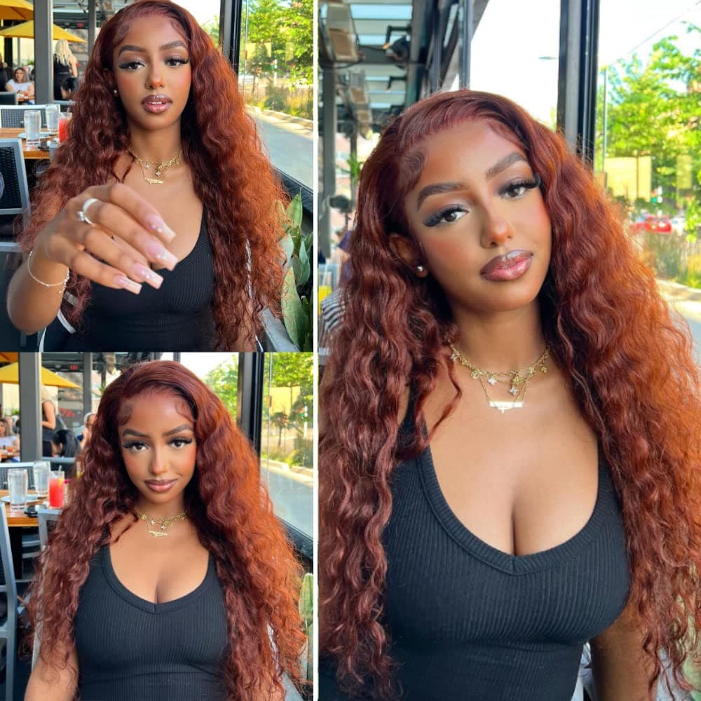 Sunber Reddish Brown Water Wave 13x4 Lace Front Wigs Human Hair Pre Plucked for Women 10A Brazilian Virgin Human Hair Transparent Lace Frontal Wig with Baby Hair Auburn Copper Red 33B Color 180% Density (16 Inch)