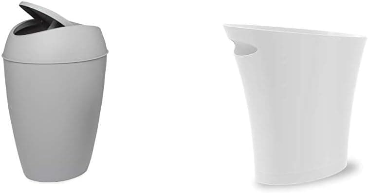 Umbra Twirla, 2.4 Gallon Trash Can with Swing-top Lid, Gray & Skinny Sleek & Stylish Bathroom Trash, Small Garbage Can Wastebasket, 2 Gallon Capacity, Metallic White