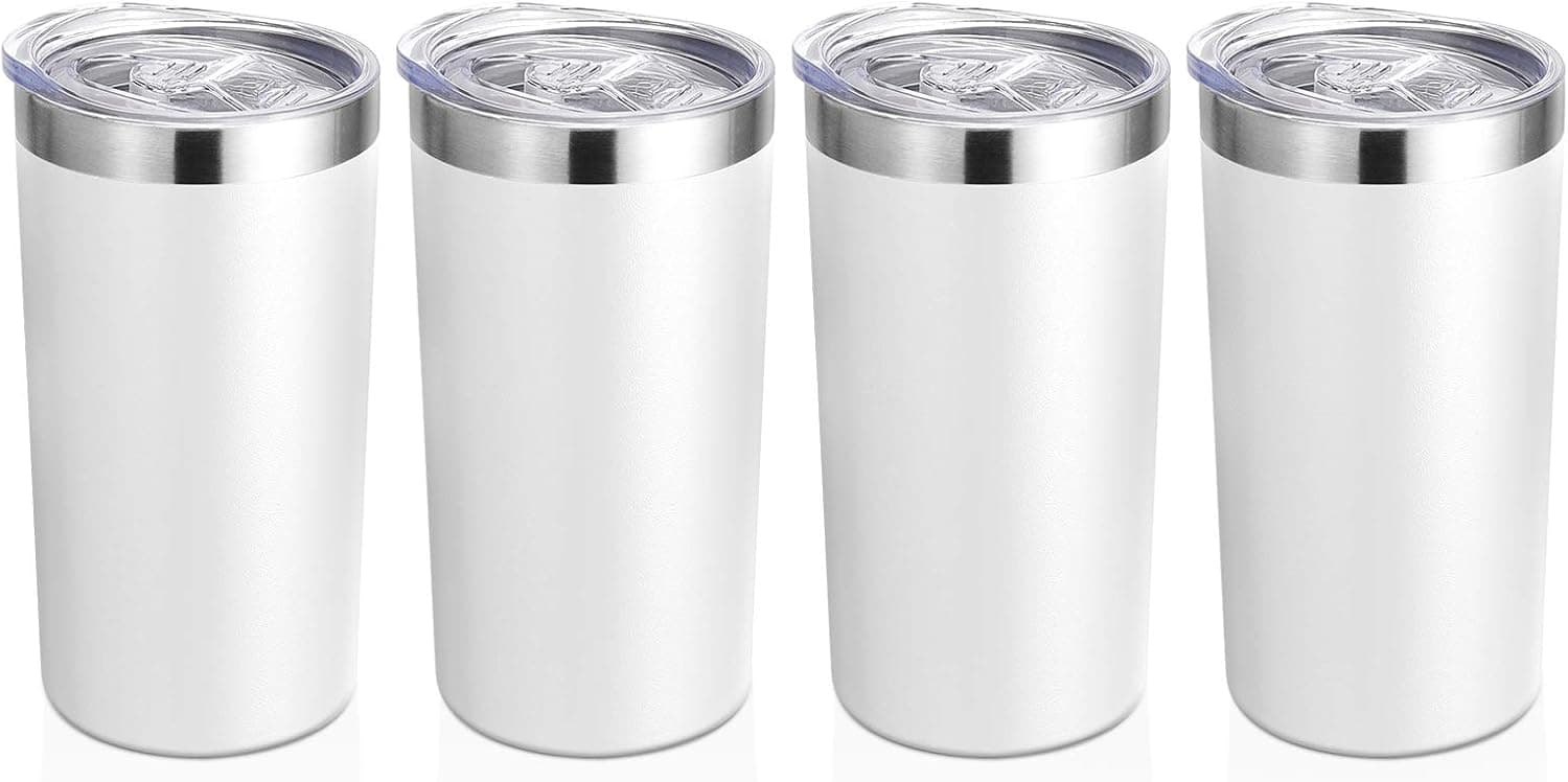 DOMICARE 12oz Tumbler with Lid, Stainless Steel Insulated Coffee Travel Mug, Skinny Tumbler Lowball, Double Wall Coffee Cup for Coffee, Tea and Beverages（4 Pack, White）