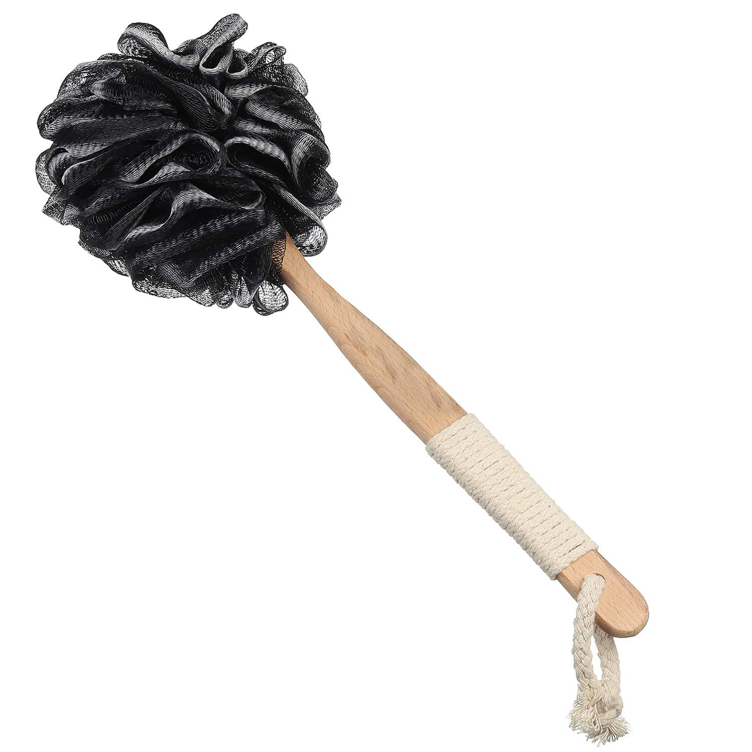 JulaJuyo Loofah Back Scrubber for Shower, Wood Long Handle Bath Body Brush Soft Nylon Mesh Luffa Sponge on a Stick for Men and Women, Exfoliating Scrub Bathing Showering Lufa Brush, 1 Pack Black