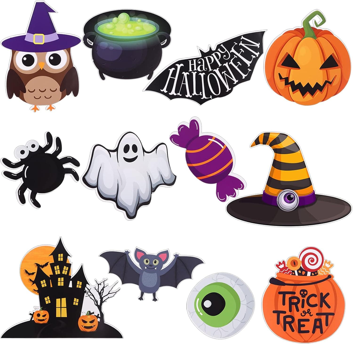 60 Pieces Halloween Cut Outs Trick Treat DIY Decorations Pumpkin Witch Bat Ghost Cutouts with 100 Pieces Glue Points for Classroom Halloween Holiday Wall Party Decor