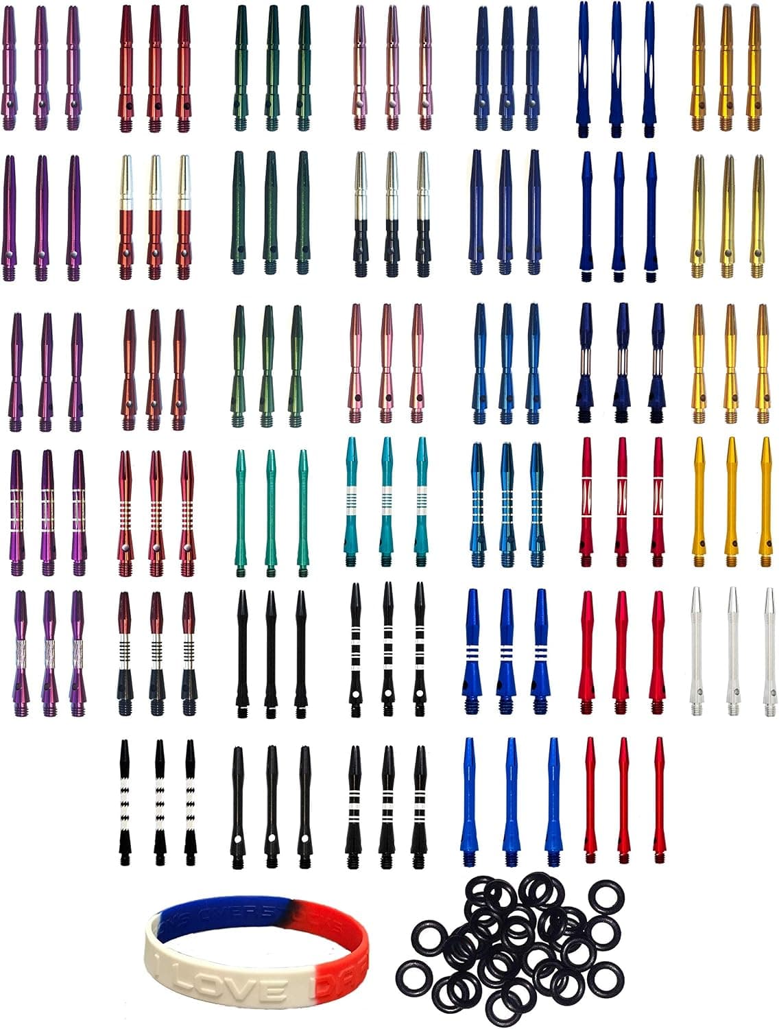 Halex 5 Sets (15 Total shafts) or 10 Sets (30 Total shafts) Aluminum Dart Shafts Stems Mixed Sizes and Designs with 30 O-Rings & Bracelet (Random, 10 Sets of 3)
