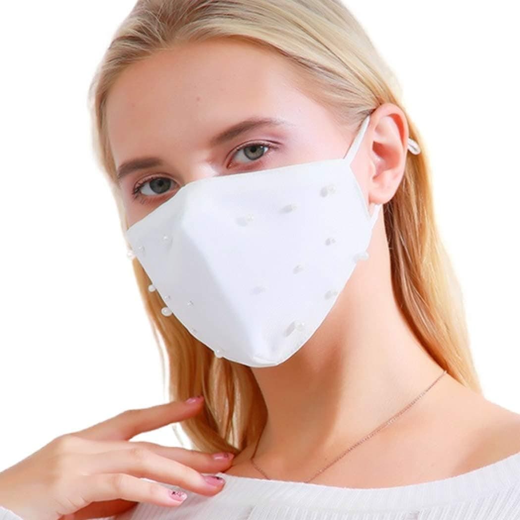 Reetan Anti Dust Mouth Cover Pearl Mask Washable and Resuable Mouth Mask Fabric Outdoor Protection Mouth Jewelry for Women and Girls (White)