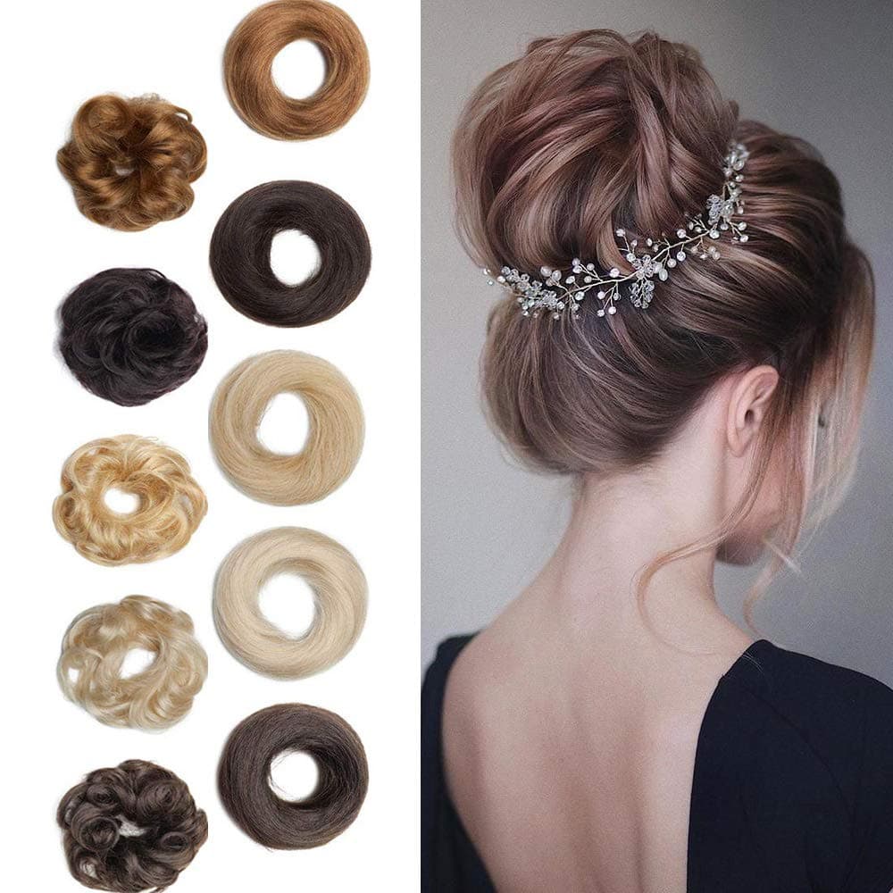 Messy Bun Hair Piece 100% Human Hair Scrunchies Curly Wavy Updo Bun Extensions Elastic Rubber Band Scrunchie Chignon Donut Ponytail Hairpiece for Women 4# Medium Brown 2PC/Straight