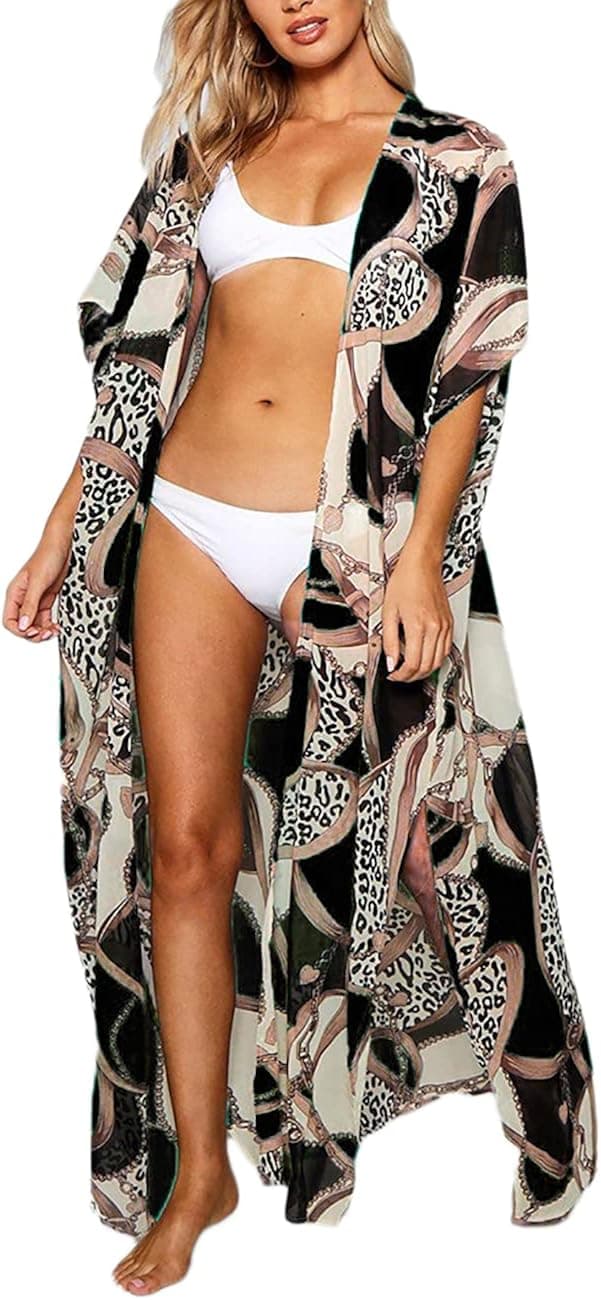Bsubseach Womens Leopard Print Long Bikini Cover Up Flowy Beach Kimono Cardigan