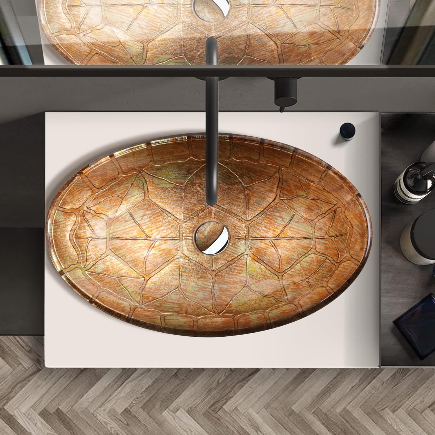 Oval Glass Bathroom Sink - Enbol EGS-L0082 Unique Oval Tortoise Shell Pattern Artistic Tempered Glass Bathroom Above Counter Vessel Vanity Sink Bowl Top Wash Basin Combo