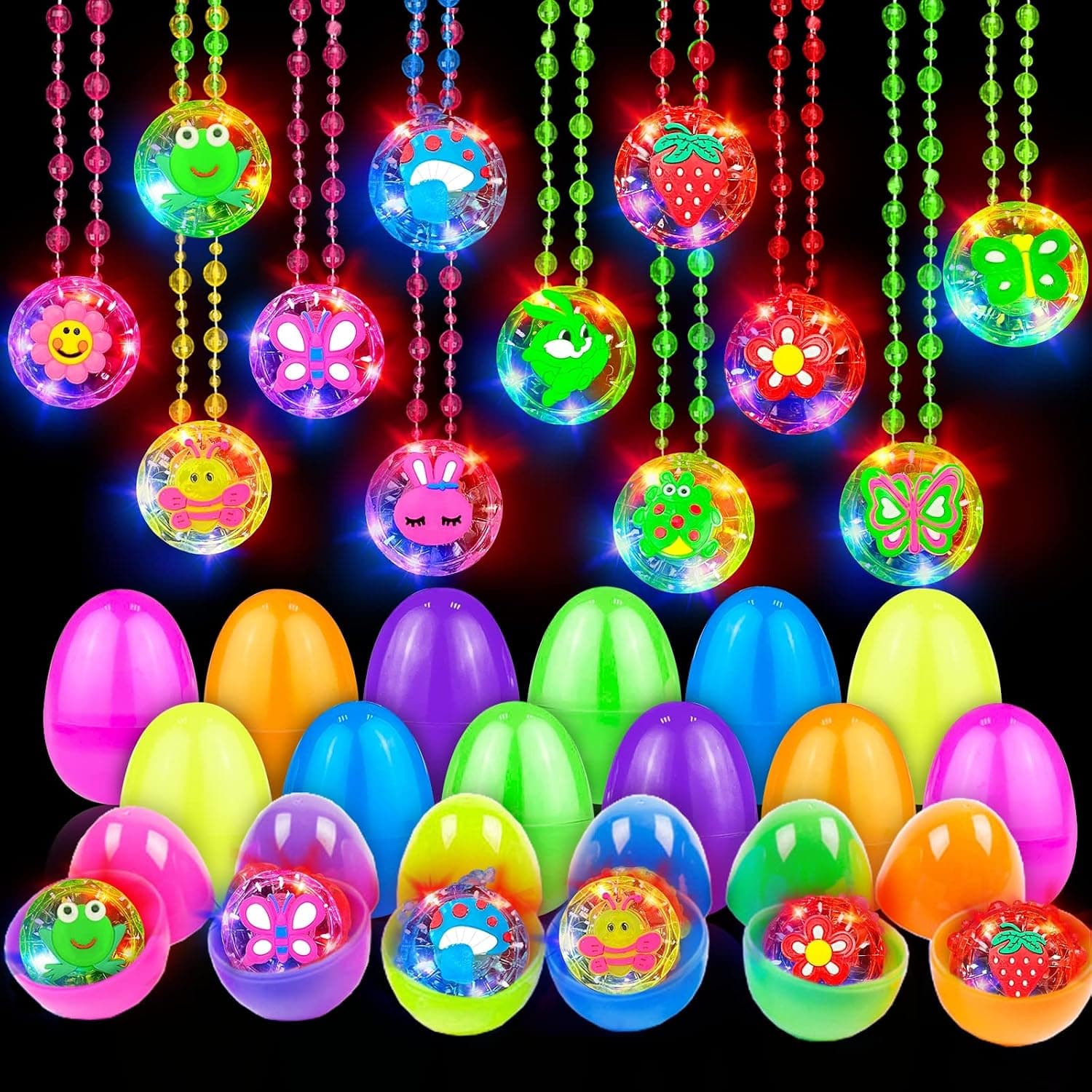 AMENON 12 Pcs Easter Basket Stuffers Easter Eggs with Toys Light Up Necklaces , 12 Surprise Eggs Filled 12 Different Bunny Led Necklaces Glow In The Dark Egg for Kids Boys Girls Easter Hunt Party Gifts