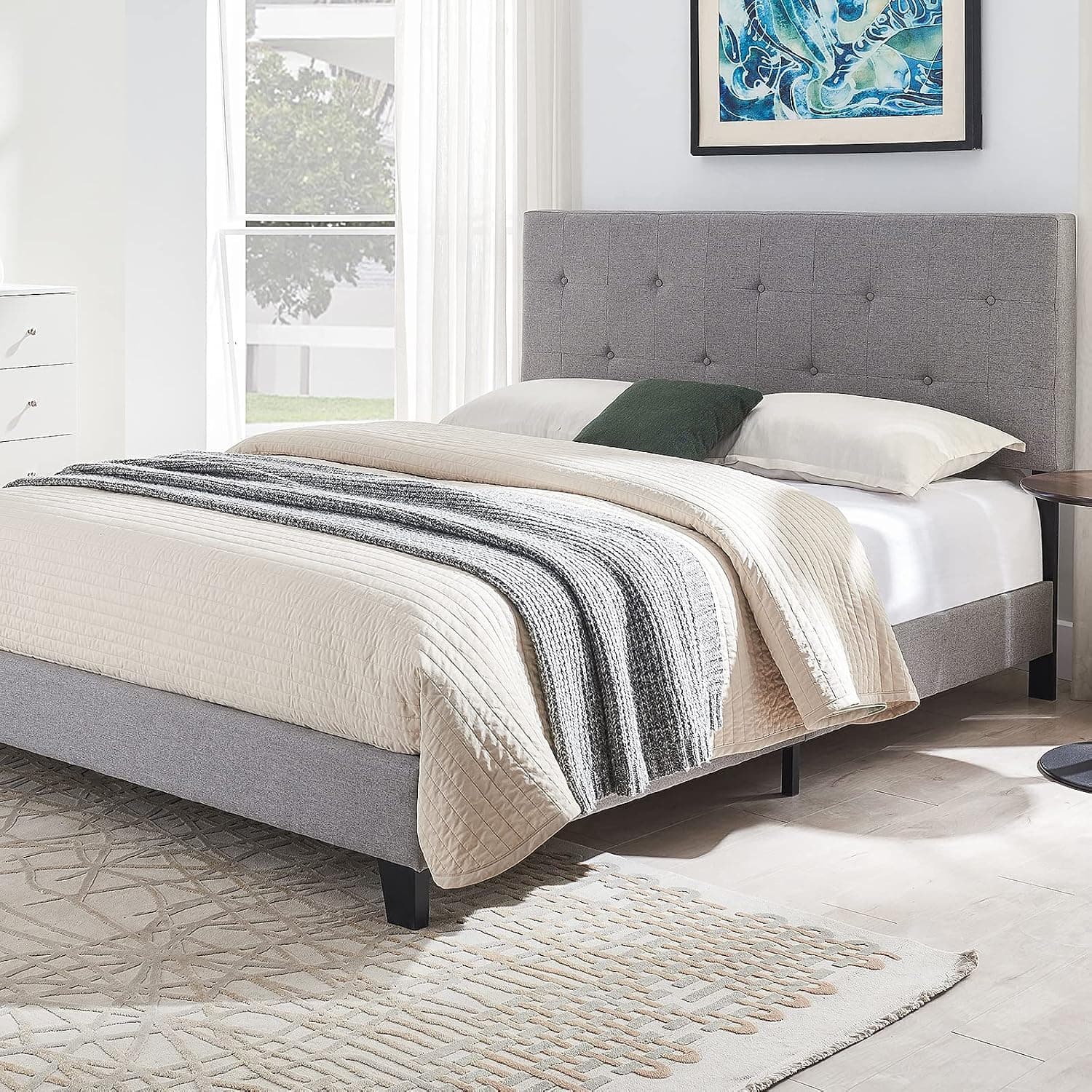 Queen Size Bed Frame, Upholstered Platform Bed Frame with Button Headboard, Strong Wood Slats Support, No Box Spring Needed, Noise Free, Easy Assembly (Dark Grey)