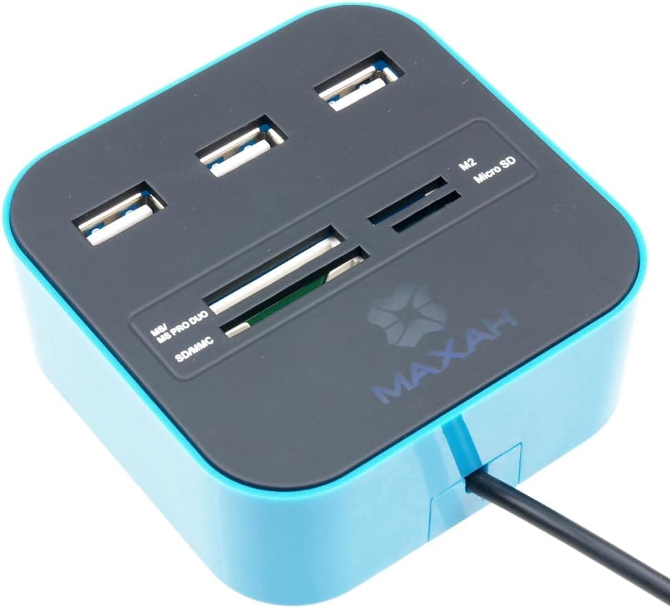 MAXAH 3 ports USB 2.0 HUB with Multi card Reader Combo for SD/MMC/M2/MS MP(Blue)
