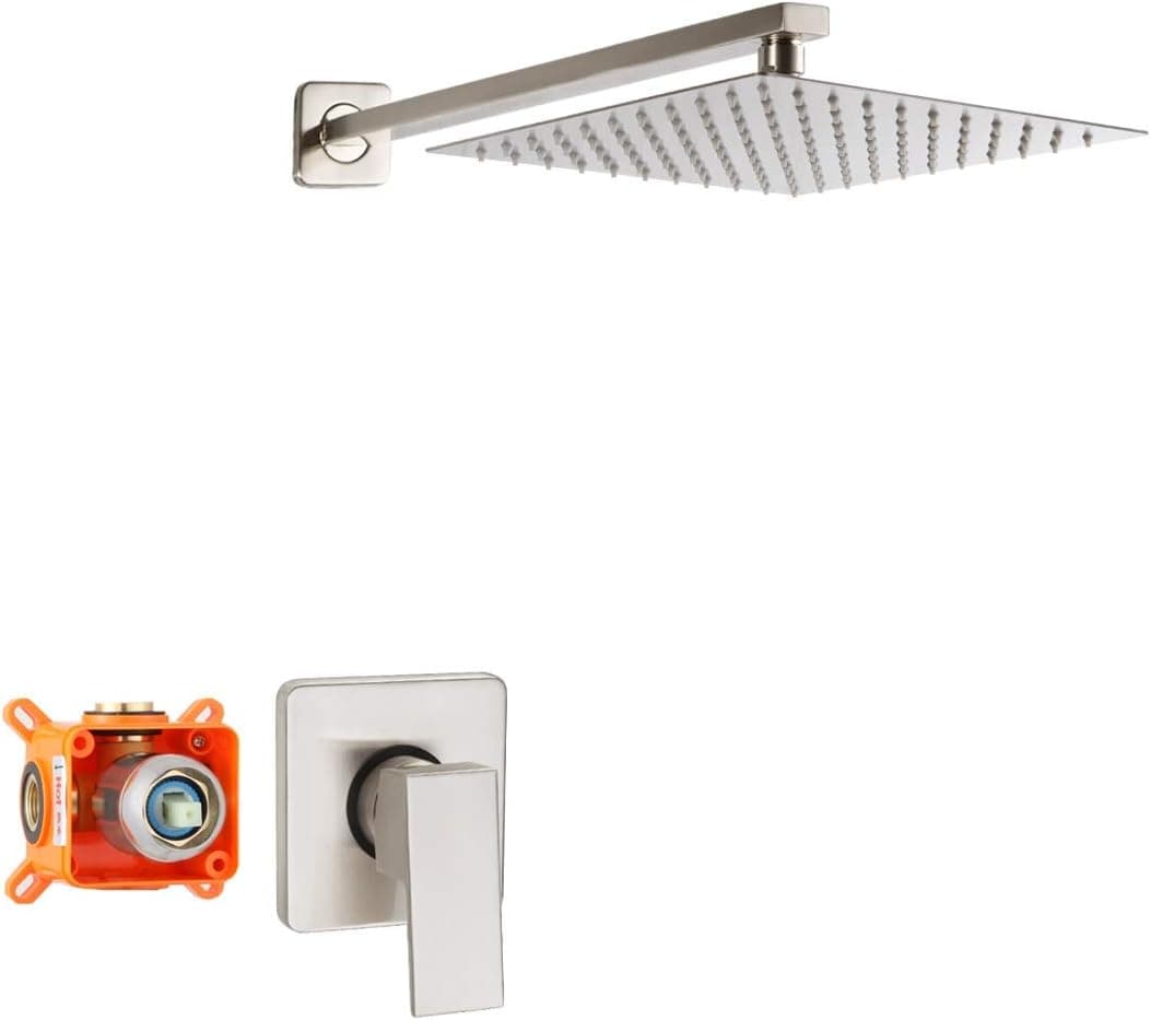 POP Shower Faucet Set with 10 Inch Shower Head Brushed Nickel, Bathroom Luxury Rain Mixer Shower Combo Set Rainfall Shower System Wall Mounted Single Function Shower Trim Kit with Rough-in Valve