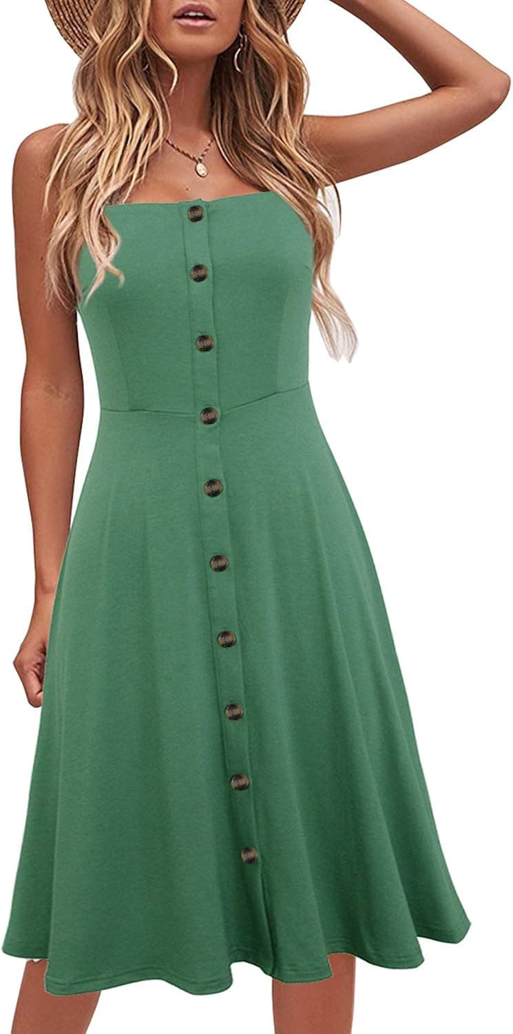 Berydress Women's Casual Beach Summer Dresses Solid Cotton Flattering A-Line Spaghetti Strap Button Down Midi Sundress