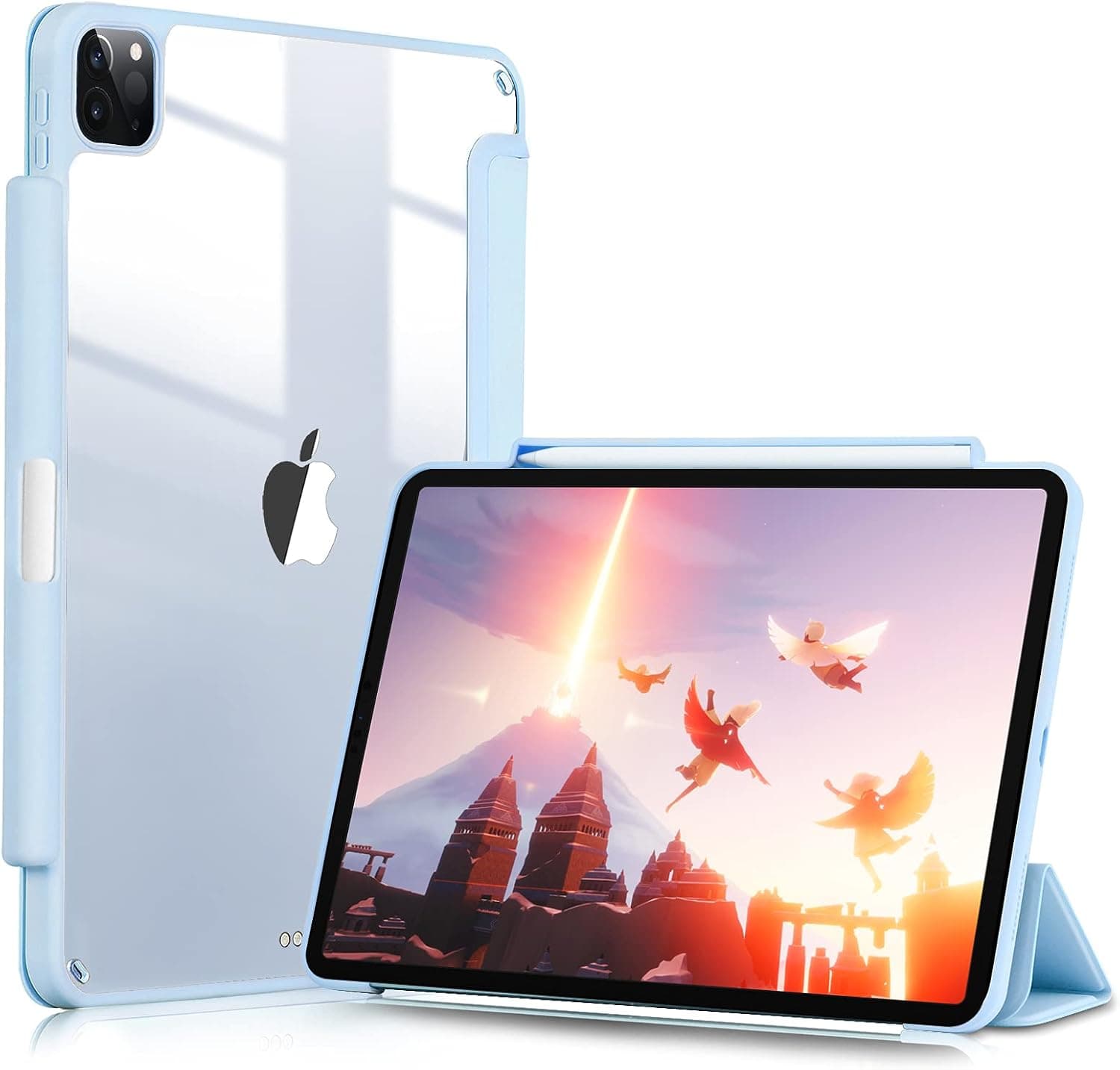 GHINL Case for iPad Pro 11 Inch 2nd Generation 2020 with Pencil Holder [Support iPad 2nd Pencil Charging & Pair] Acrylic Slim Transparent Back Cover Smart Trifold Stand Protective Cover (Light Blue)